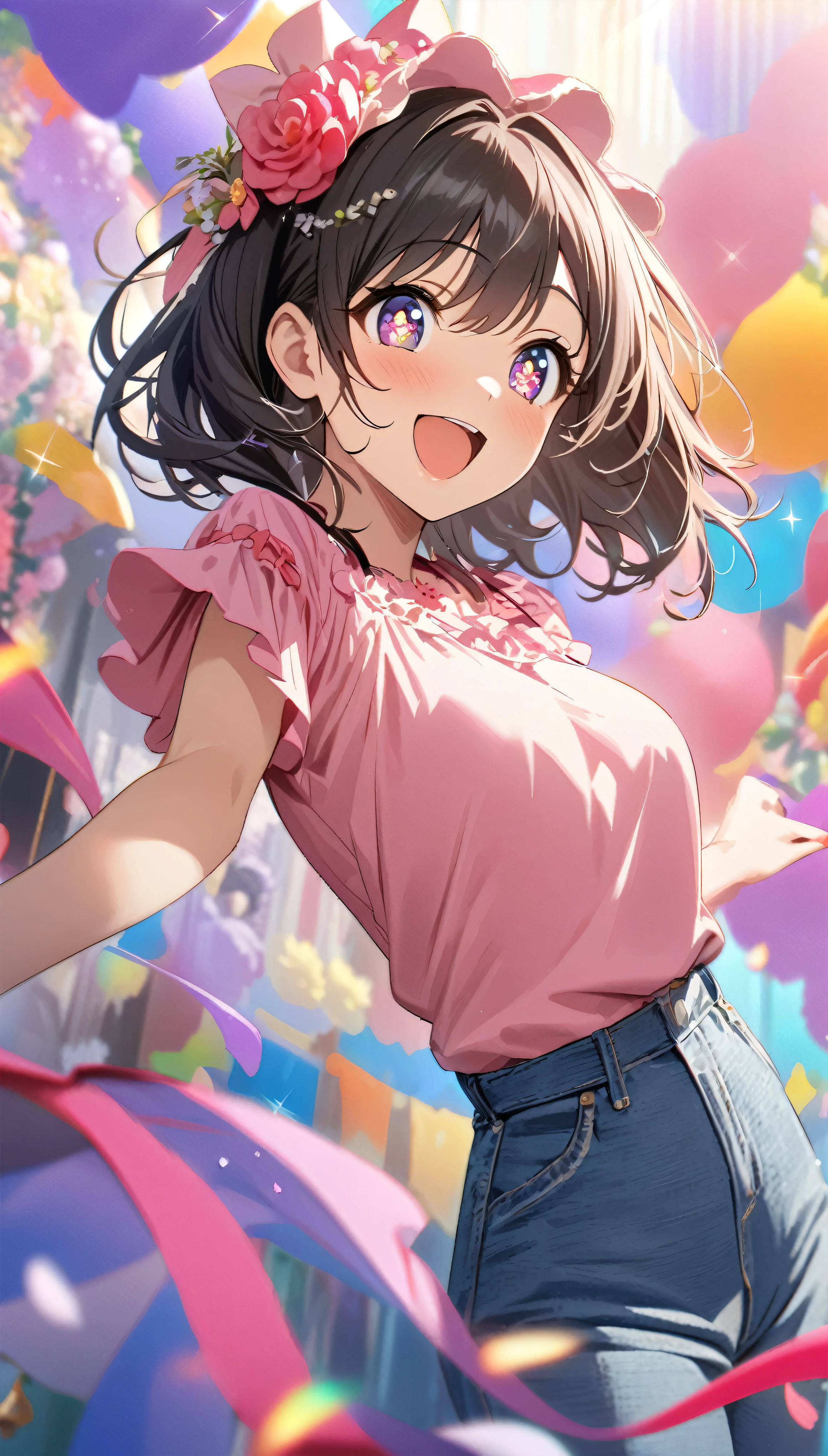 with high definition images，A scene from a movie，Anime Girl Masterpiece、highest quality、Uma Musume Pretty Derby。1girl、solo、Haruurara、Denim pants、Pink Shirt、accessories(0.6)、Open-mouthed and smiling broadly、Surrounded by colorful backgrounds、Flower-shaped pupils sparkle。