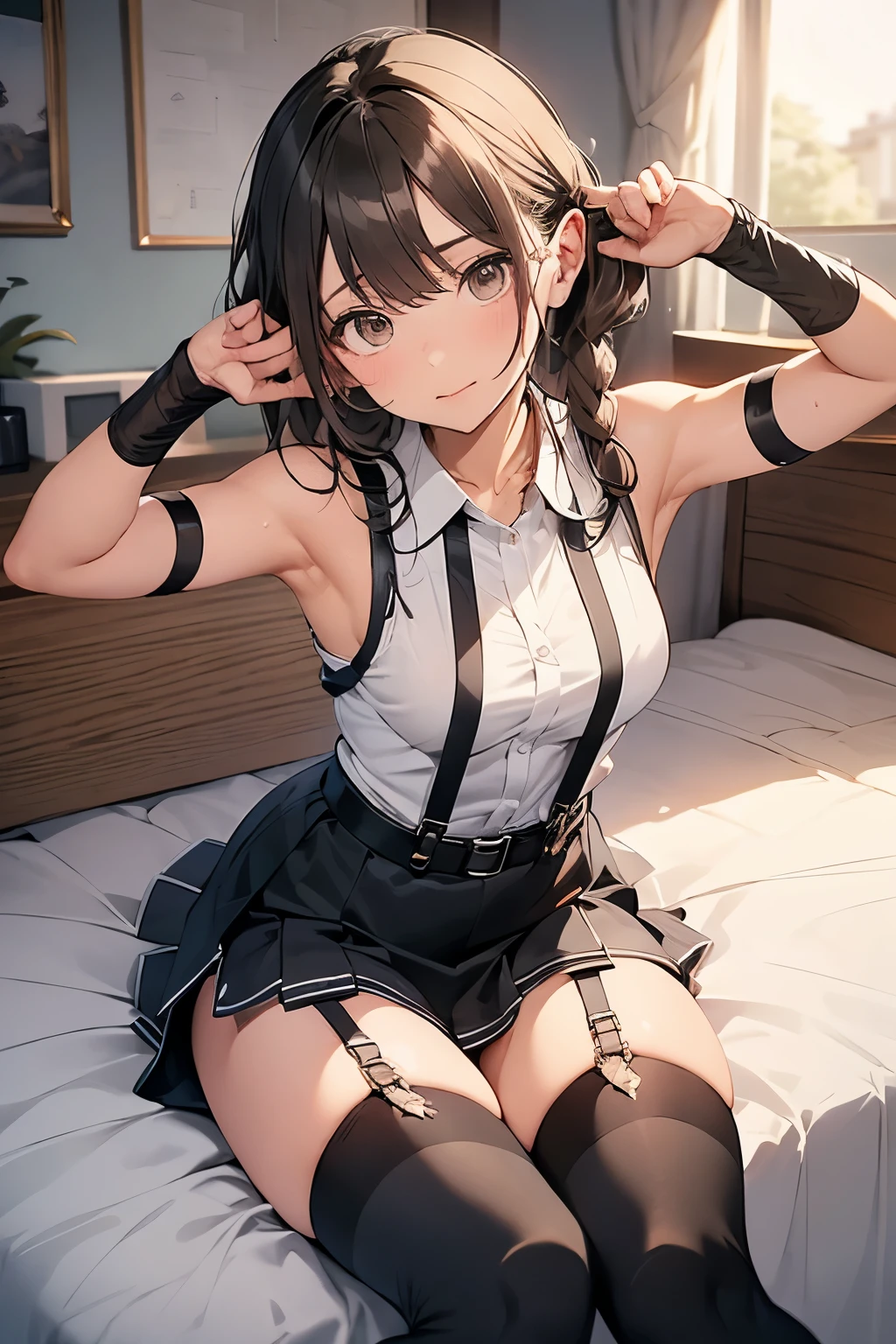 Gazing at the audience Black suspenders bulging big breasts wall mini skirt garterbelt garter vision Small face holster Beautiful woman Show me your hands Lying in bed vision Taunt ~ side ~ side汗 arm belt summer Armpit sweat
