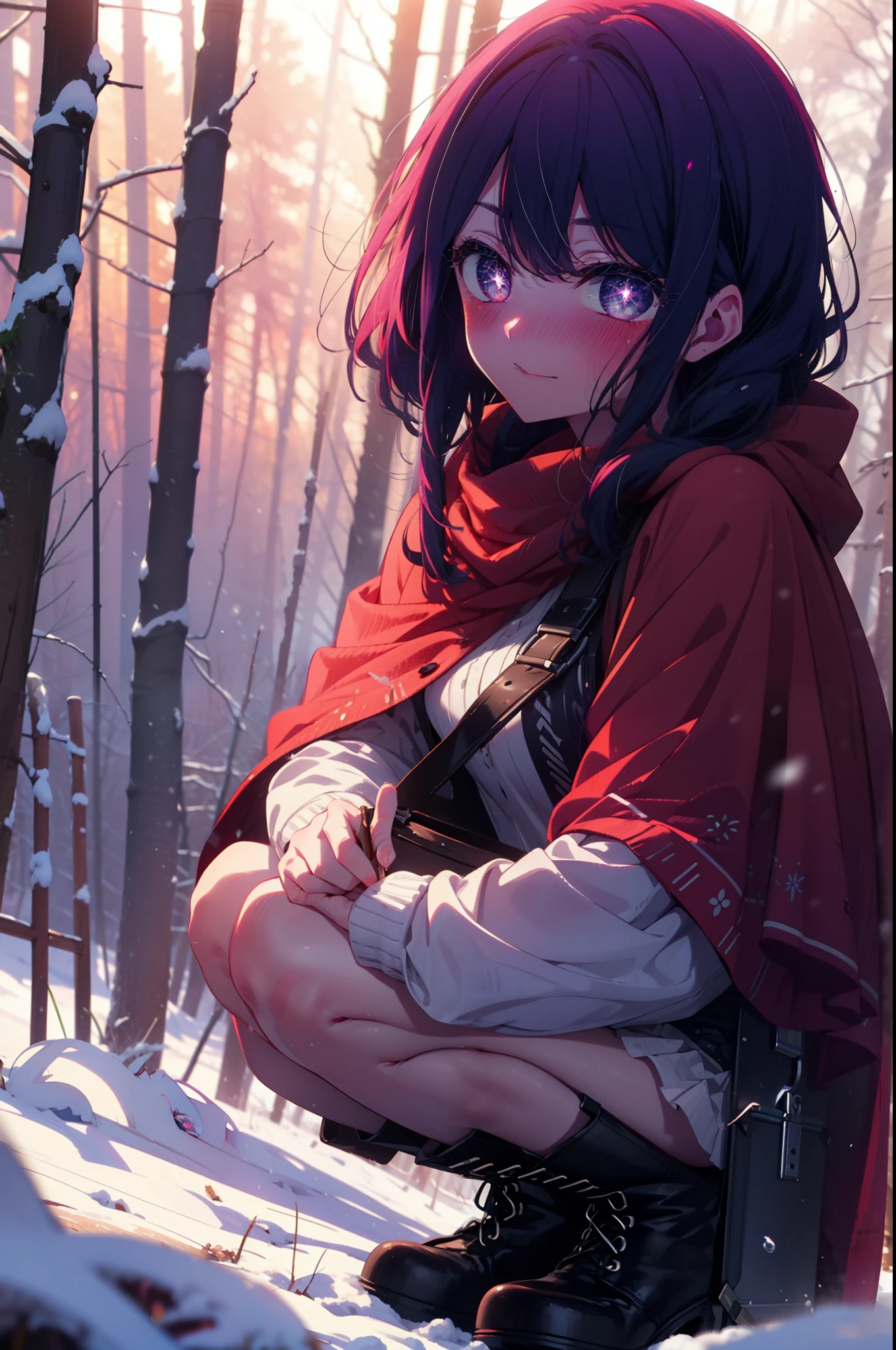 aihoshino, Ai Hoshino, Long Hair, bangs, (Purple eyes:1.1), Purple Hair, (Symbol-shaped pupil:1.5), smile,,smile,blush,White Breath,
Open your mouth,snow,Ground bonfire, Outdoor, boots, snowing, From the side, wood, suitcase, Cape, Blurred, , forest, White handbag, nature, Squat, Mouth closed, Cape, winter, Written boundary depth, Black shoes, red Cape break looking at viewer, Upper Body, whole body, break Outdoor, forest, nature, break (masterpiece:1.2), highest quality, High resolution, unity 8k wallpaper, (shape:0.8), (Beautiful and beautiful eyes:1.6), Highly detailed face, Perfect lighting, Extremely detailed CG, (Perfect hands, Perfect Anatomy),