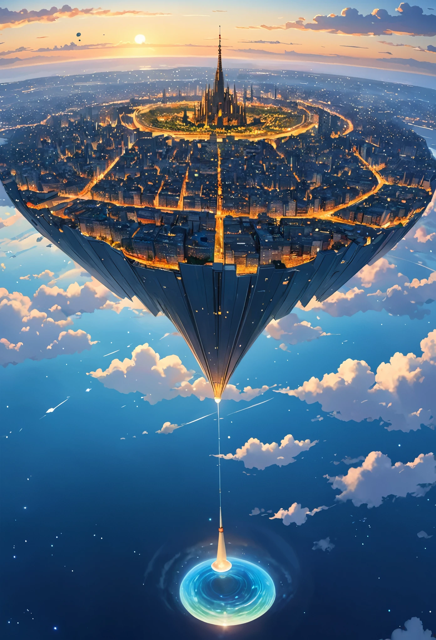 ((only background)), ((anime:1.4,illustration)),(masterpiece, top quality, best quality),(ultra-detailed, absolutely resolution),((16k, high res)).(reflect),
BREAK {(anime movie by Studio Ghibli Style: 1.5)}
BREAK {dfantastical upside-down city. The city should appear as if it is hanging from the sky, with buildings, streets, and bridges all inverted. The architecture should blend modern and futuristic styles, featuring intricate details, vibrant colors, and a mix of geometric and organic shapes. The buildings should include spires, towers, and illuminated windows. The sky above the city should be filled with stars and swirling clouds, creating a surreal and dreamlike atmosphere. Below the inverted city, depict a calm, clear body of water reflecting the cityscape, enhancing the mirror effect. Include subtle elements such as distant planets or moons in the sky}

BREAK { (produces images with information than 40 million pixels with cinematic-like detailed textures shot on a Sony SLR).}

BREAK {(((cinematic look))), soothing tones, insane details, intricate details, hyperdetailed, low contrast, exposure blend, hdr, beautiful blue image, (hi contrast),Sony SLR.}
