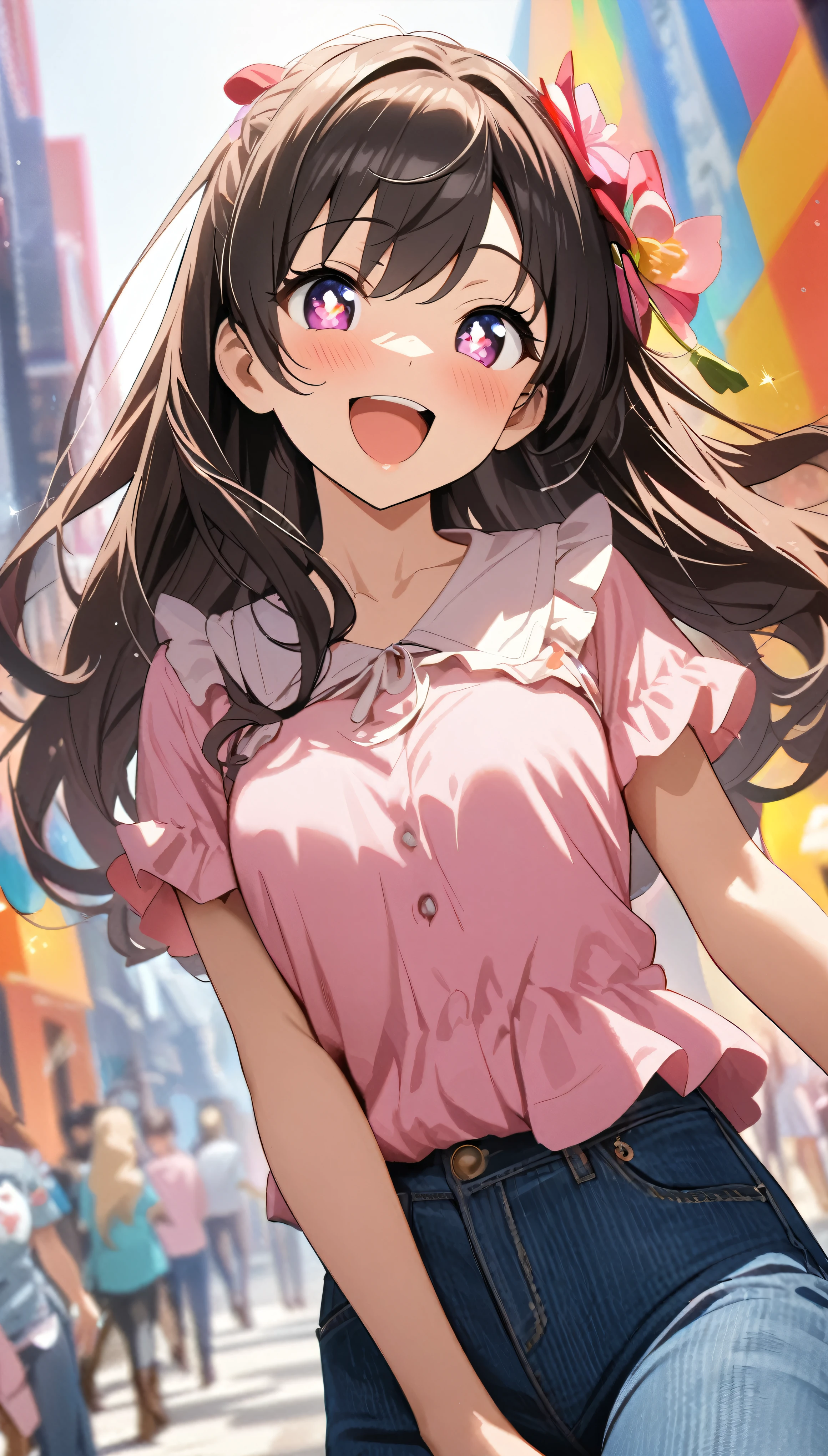 with high definition images，A scene from a movie，Anime Girl Masterpiece、highest quality、Uma Musume Pretty Derby。1girl、solo、Haruurara、Denim pants、Pink Shirt、accessories(0.6)、Open-mouthed and smiling broadly、Surrounded by colorful backgrounds、Flower-shaped pupils sparkle。