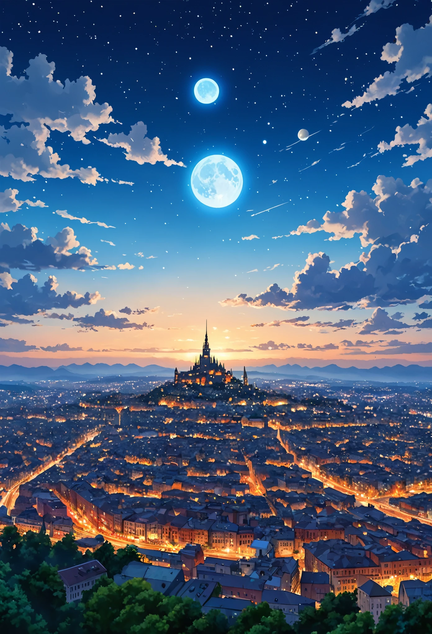 ((only background)), ((anime:1.4,illustration)),(masterpiece, top quality, best quality),(ultra-detailed, absolutely resolution),((16k, high res)).(reflect),
BREAK {(anime movie by Studio Ghibli Style: 1.5)}
BREAK {dfantastical upside-down city. The city should appear as if it is hanging from the sky, with buildings, streets, and bridges all inverted. The architecture should blend modern and futuristic styles, featuring intricate details, vibrant colors, and a mix of geometric and organic shapes. The buildings should include spires, towers, and illuminated windows. The sky above the city should be filled with stars and swirling clouds, creating a surreal and dreamlike atmosphere. Below the inverted city, depict a calm, clear body of water reflecting the cityscape, enhancing the mirror effect. Include subtle elements such as distant planets or moons in the sky}

BREAK { (produces images with information than 40 million pixels with cinematic-like detailed textures shot on a Sony SLR).}

BREAK {(((cinematic look))), soothing tones, insane details, intricate details, hyperdetailed, low contrast, exposure blend, hdr, beautiful blue image, (hi contrast),Sony SLR.}
