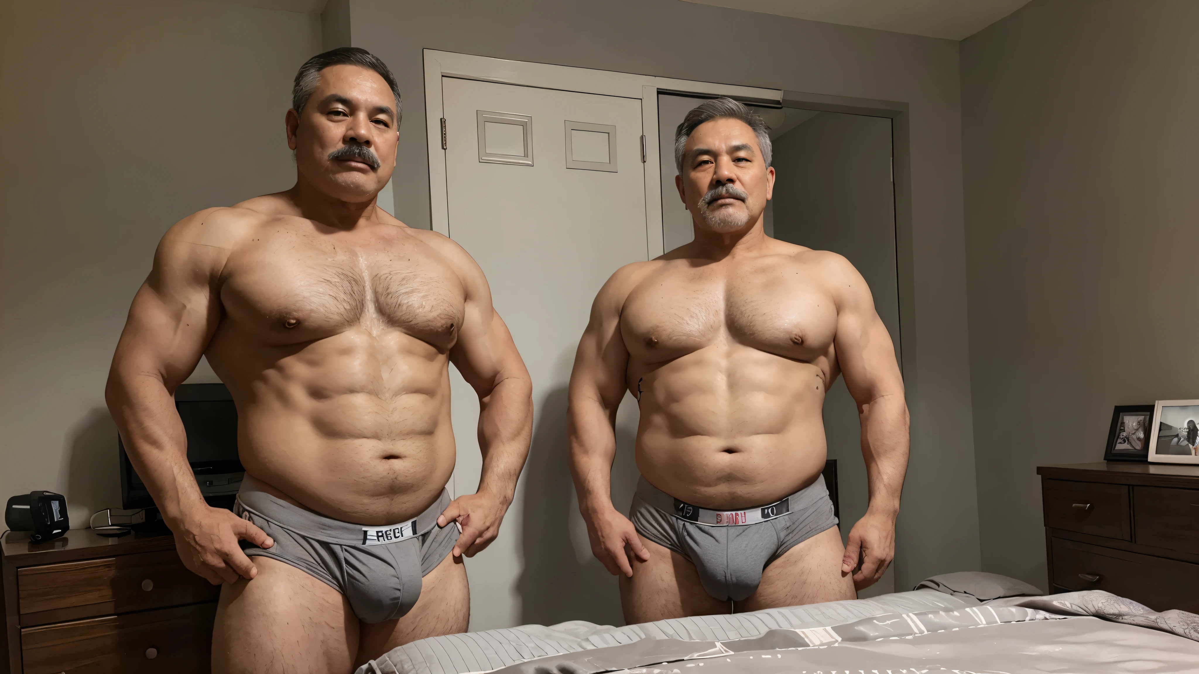 2 Vietnamese grandfathers with gray hair, old man face, a thick gray mustaches, a short gray chin beard, bear body, wearing a massive bulging gray jockstraps stand in the bedroom, have belly, big muscular chest, a pose, show underwear.