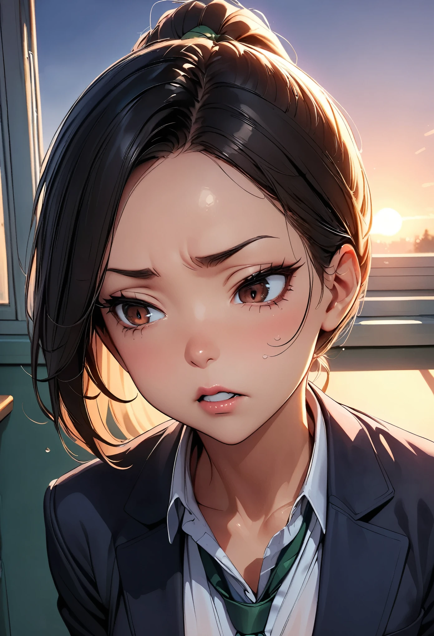 (highest quality:1.2, 4K, 8k, Very detailed, up to date, Vibrant, High detail, masterpiece:1.2, highest quality, Best aesthetics), (((1 girl))), jk, ((Black Hair, ponytail)), Brown Eyes, (Sharp Face), Glossy lips, clavicle, Ruthless, (Small face), Beautiful Eyes, Long eyelashes, thin, ((Disgust:1.5, Looking down, cold, Distorted facial expressions, Mouth is distorted)), The view is from bottom to top, Green tie:1.5, Dark blue blazer, (Private School Uniforms), School classroom, evening, Illuminated by the setting sun, Dynamic Angle, Soft lighting,