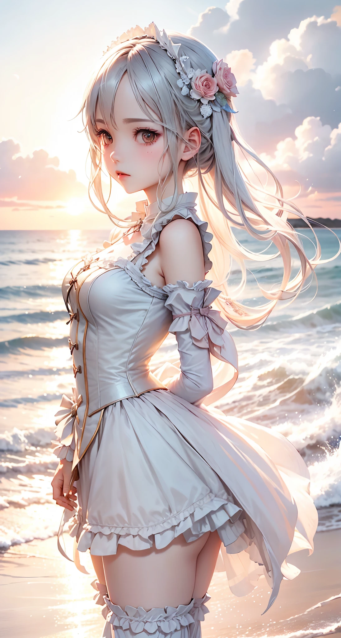 Seafront, Sunrise clouds, Long Sword Art Online, Lolita costume dress, Dynamic posture， 8K, High detail, hyper qualit, high resolution, 8k smooth, landscape shot, 8K, High detail, hyper qualit, high resolution, 8k smooth, landscape shot, super wide shot,  iso-distance view