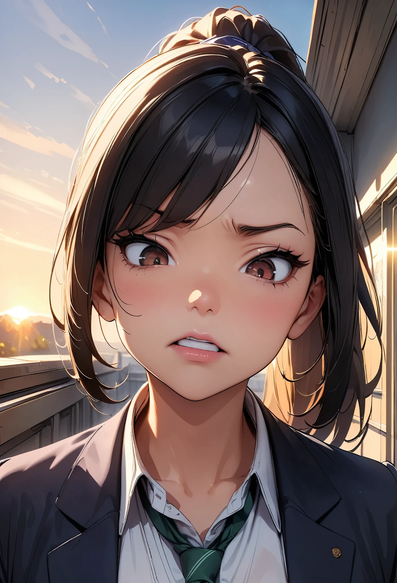 (highest quality:1.2, 4K, 8k, Very detailed, up to date, Vibrant, High detail, masterpiece:1.2, highest quality, Best aesthetics), (((1 girl))), jk, ((Black Hair, ponytail)), Brown Eyes, (Sharp Face), Glossy lips, clavicle, (Small face), Beautiful Eyes, Long eyelashes, thin, ((Disgust:1.5, Looking down, cold, laugh at, anger, Contempt, Distorted facial expressions, Mouth is distorted)), The view is from bottom to top, Green tie:1.5, Dark blue blazer, (Private School Uniforms), School classroom, evening, Illuminated by the setting sun, Dynamic Angle, Soft lighting,