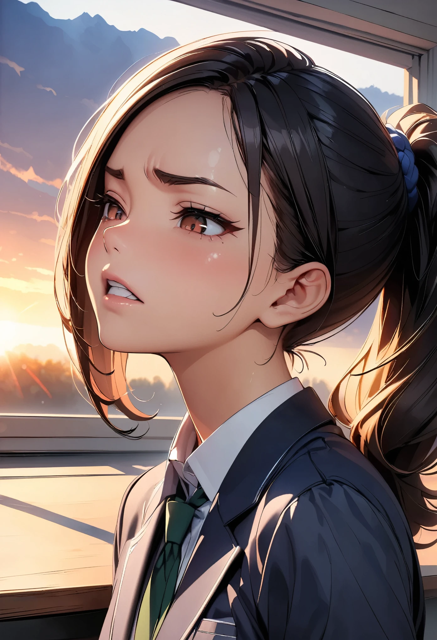 (highest quality:1.2, 4K, 8k, Very detailed, up to date, Vibrant, High detail, masterpiece:1.2, highest quality, Best aesthetics), (((1 girl))), jk, ((Black Hair, ponytail)), Brown Eyes, (Sharp Face), Glossy lips, clavicle, (Small face), Beautiful Eyes, Long eyelashes, thin, ((Disgust:1.5, Looking down, cold, laugh at, anger, Contempt, Distorted facial expressions, Mouth is distorted)), The view is from bottom to top, Green tie:1.5, Dark blue blazer, (Private School Uniforms), School classroom, evening, Illuminated by the setting sun, Dynamic Angle, Soft lighting,