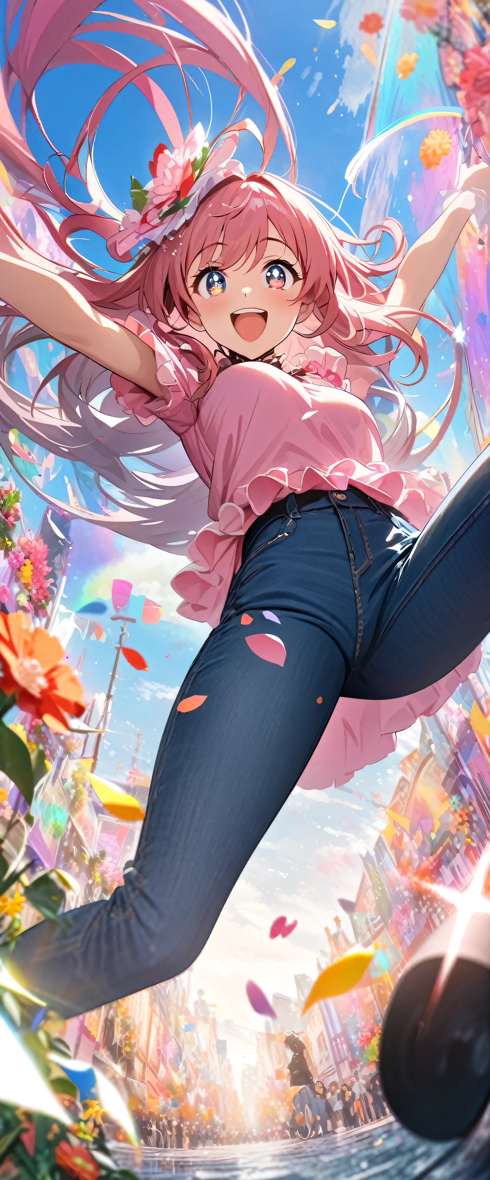 with high definition images,A scene from a movie,Anime Girl Masterpiece、highest quality、Uma Musume Pretty Derby。1girl、solo、Haruurara、Denim pants、Pink Shirt、accessories(0.6)、Open-mouthed and smiling broadly、Surrounded by colorful backgrounds、Flower-shaped pupils sparkle。