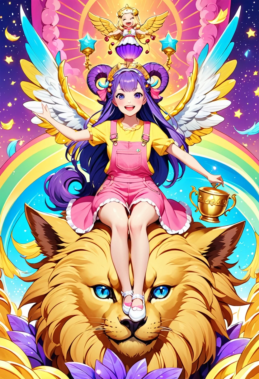 A cute anime-style illustration of the Whore of Babylon from the Book of Revelation. She has a friendly and cheerful expression, with bright, colorful clothing and a playful pose. Include her iconic attributes such as the golden cup and riding a seven-headed beast, but render them in a whimsical and non-threatening way. The background should be vibrant and fantastical, matching the overall cute and lighthearted theme.