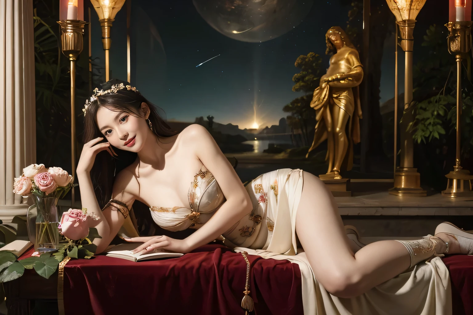 Giorgione painting style,Arguments of two female Philosophe,math、astronomical machine、astronaut、roses in vase、fruits、Cute trinkets、smile、ancient greek costume、Background is a forest lake at night 、Clothes that stretch your shoulders、A big smile、beautiful bare skin、A detailed representation of the seducing woman throughout her body.