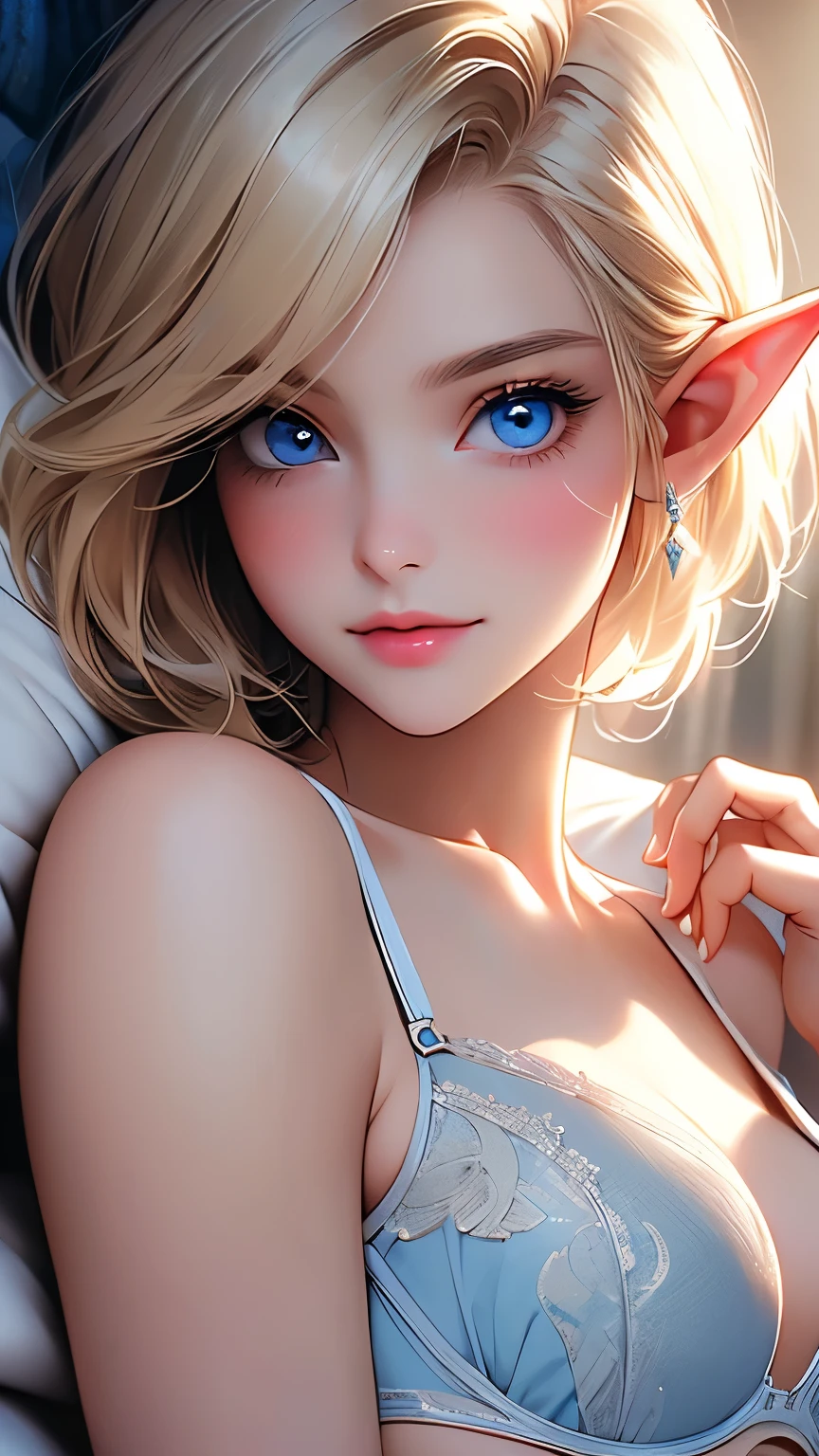 16k、masterpiece、High resolution、High resolution、((Young Elven Woman))、((Beautiful white skin))、Small breasts、((Beautiful blonde))、Bobcut、((Beautiful Blue Eyes))、((Narrow eyes))、Smiling Kindly、Pink Lip Gloss、blush、Luxury Bra、Bedroom at night、Dimly lit room、Look up at me、((Upper body close-up))