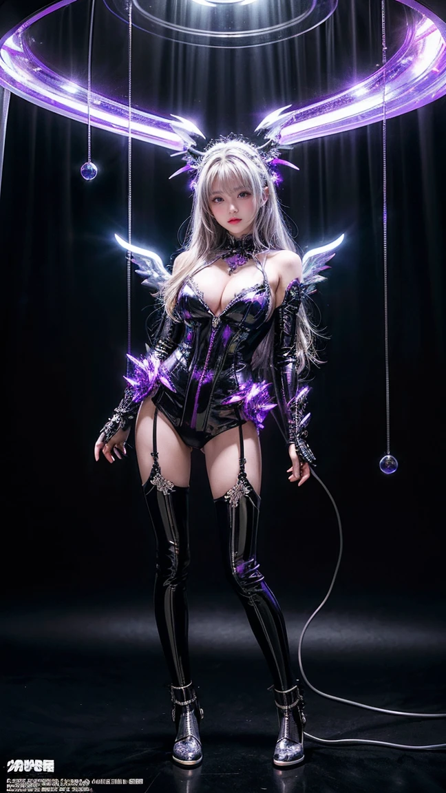 (((Full Body Shot)))、(((Full Body Shot)))、(((Full Body Shot)))、highest quality、masterpiece、High resolution、(Photorealistic:1.4)、RAW Photos、Big Tits、Battle Cyborg Angel、Big metal wings、White porcelain body、Acrylic clear cover、Gray Hair、Glowing Skin、1 Cyborg Girl、beautiful girl、 ((Ultra-Realistic Details))、Global Illumination、Shadow、Octane Rendering、8k、Ultra Sharp、Character edge light,Big Breasts、Raw skin exposed by cleavage、Intricate decorative details、More about Gothic Lolita、Hydraulic cylinder、 ((Small LED Lamp))、Very intricate details、Realistic Light、Purple eyes、Shining Eyes、(Neon Details)、Futuristic headgear、About Cyberpunk.