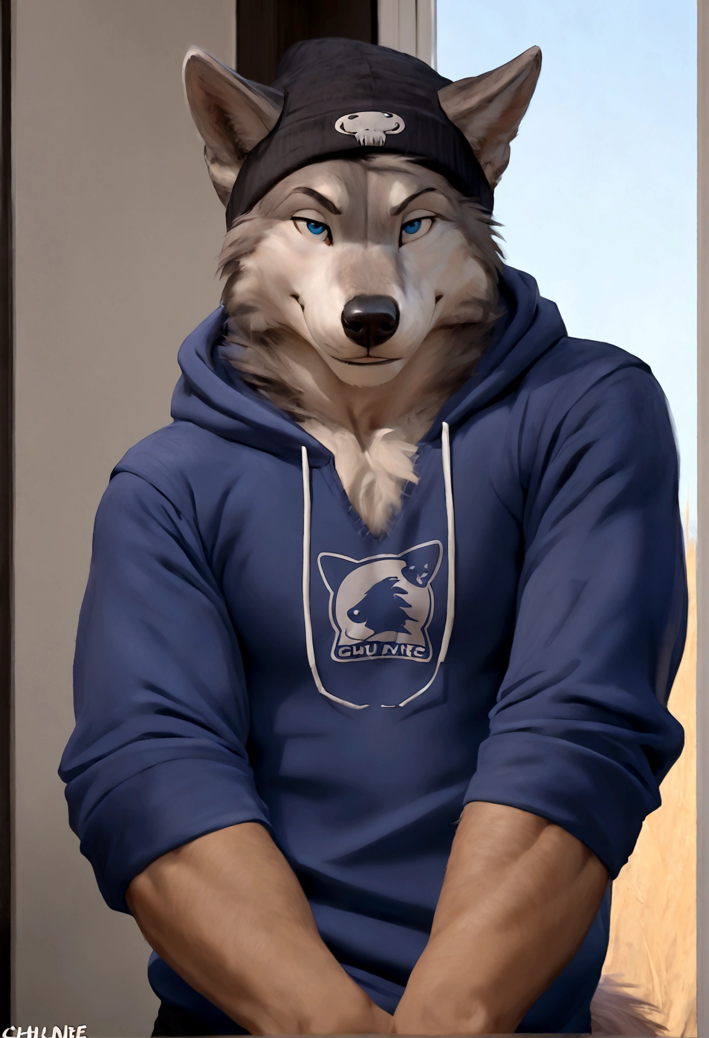 4k, high resolution, best quality, perfect colors, perfect shadows, perfect lighting, posted on e621, furry body, solo, medium full shot, anthro gray wolf, natural gray wolf fur pattern, sleep deprived, irritated eyes, wearing a t shirt with a death metal band logo, wearing a black open zipped down hoodie with the hood down, (anatomically correct wolf tail, detailed fingers, male, (middle-aged, mature:1.2), (skinny, average body), correct anatomy, (photorealistic fur, detailed fur, epic, masterpiece:1.2), (big modern background), (by Taran Fiddler, by Chunie, by Rukis, Bonifasko lighting), (standing), detailed blue eyes, smiling half-heartedly at the viewer, the hoodie is zipped down and showing the t shirt, the hood on the hoodie is down, t shirt is visible, head is fully visible, wearing a black beanie, he is not wearing the hood, the shirt can be seen under the hoodie, sleeves rolled up to elbows, t shirt, tee shirt, shirt, hat, beanie hat, open shirt, band shirt, logo,chunie