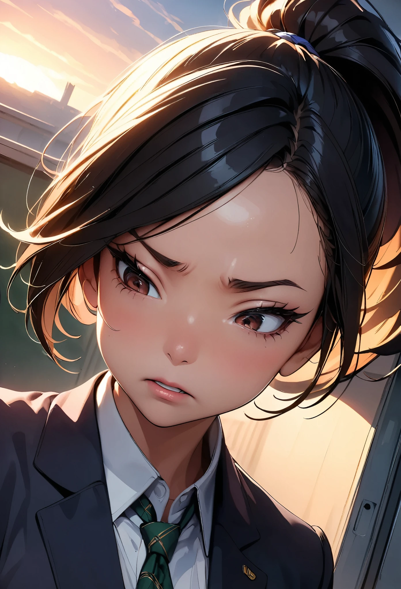 (highest quality:1.2, 4K, 8k, Very detailed, up to date, Vibrant, High detail, masterpiece:1.2, highest quality, Best aesthetics), (((1 girl))), jk, ((Black Hair, ponytail)), Brown Eyes, (Sharp Face), Glossy lips, clavicle, Ruthless, (Small face), Beautiful Eyes, Long eyelashes, thin, ((Disgust:1.5, Looking down, cold, Distorted facial expressions, Mouth is distorted)), (Turn around:1.1, behind), Green tie:1.5, Dark blue blazer, (Private School Uniforms), School classroom, evening, Illuminated by the setting sun, Dynamic Angle, Soft lighting,