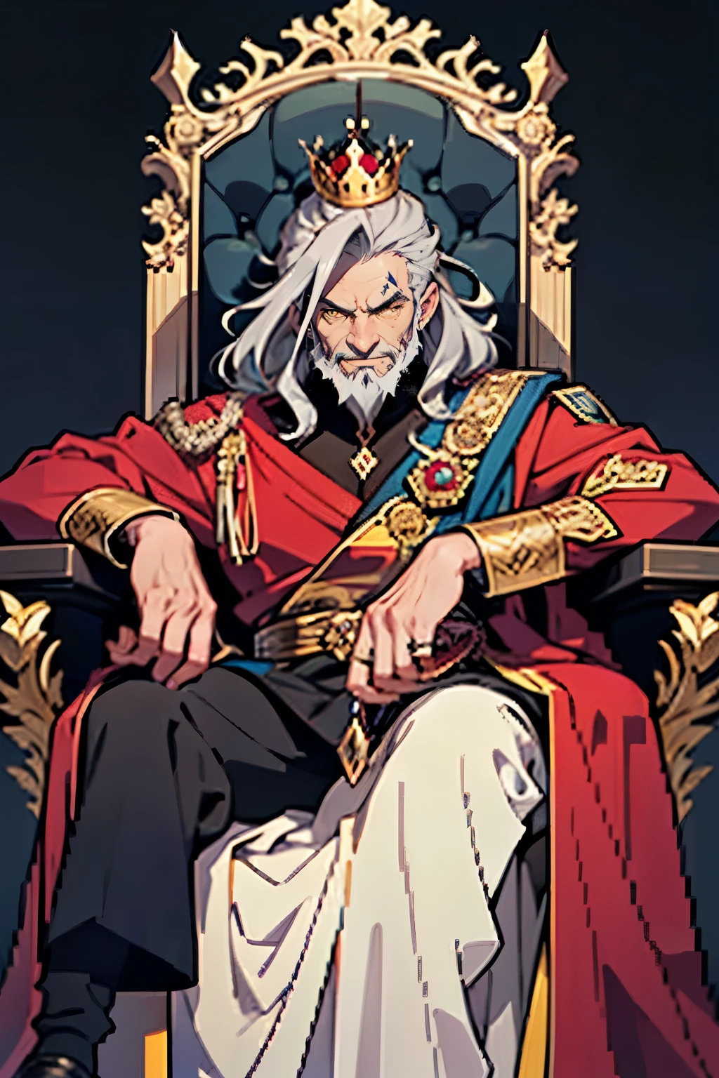 Buff muscular scary looking man as a king in a throne with a cape made of bear fur, scar on his eye with elegant medieval clothing