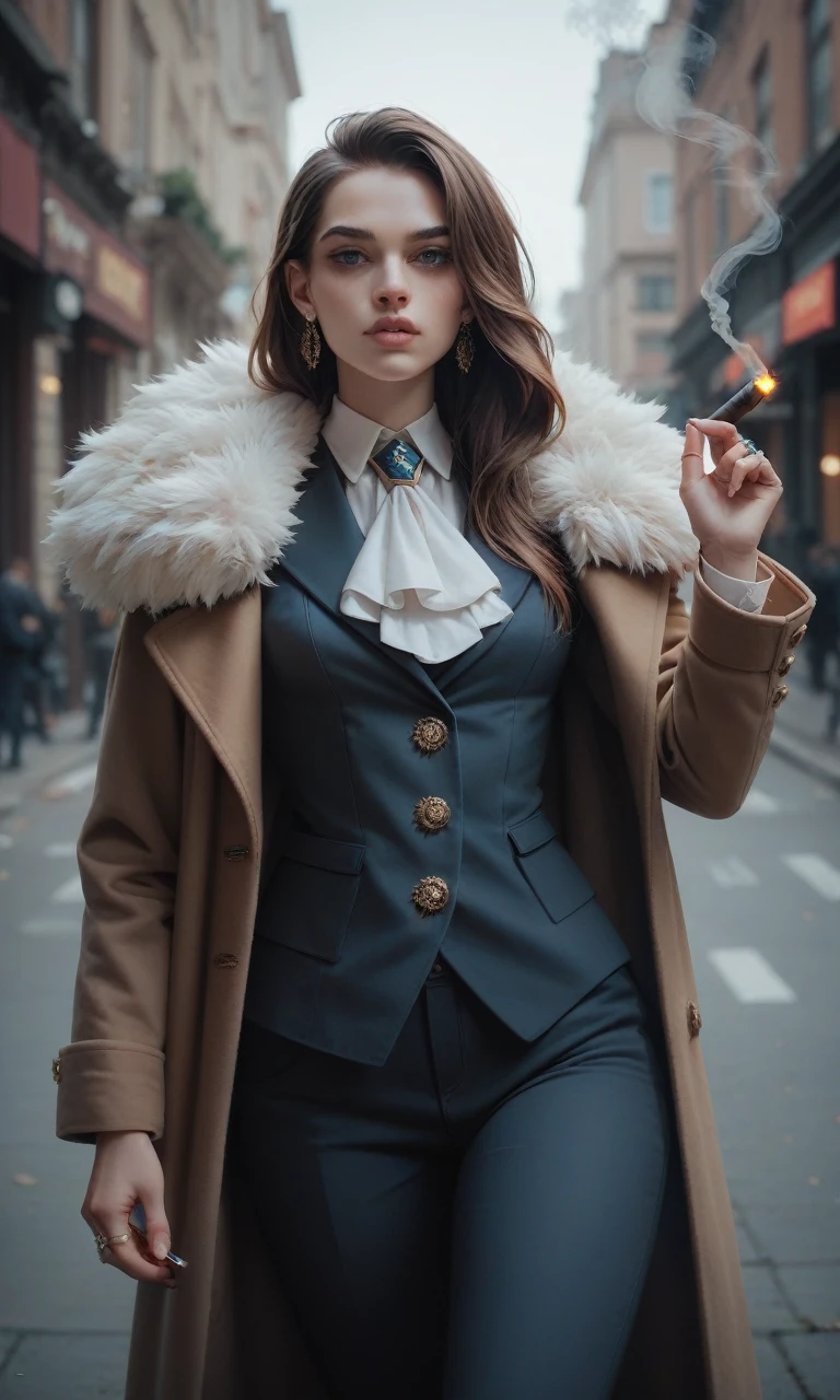 score_9, score_8_up, score_7_up, 4k, best quality, ultra high res, masterpiece, female, solo, female focus, ascot, coat on shoulders, cigar, smoking, shirt, long sleeves, vest, coat, fur trim, jewelry, earrings, pants, ring, 