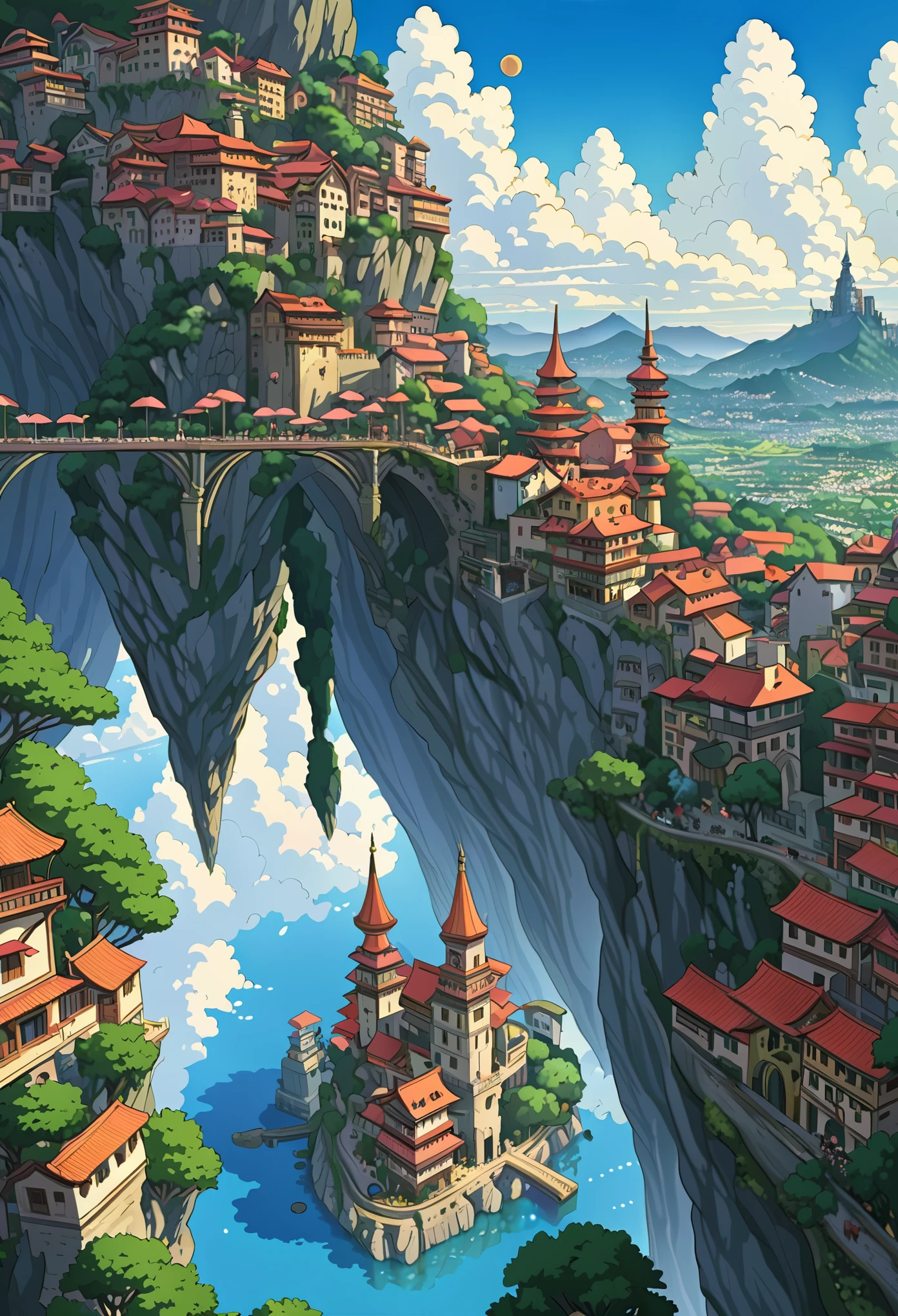 ((only background)), ((anime:1.4,illustration)),(masterpiece, top quality, best quality),(ultra-detailed, absolutely resolution),((16k, high res)).(reflect), BREAK {(anime movie by Studio Ghibli Style: 1.5)} BREAK {dfantastical upside-down city. The city should appear as if it is hanging from the sky, with buildings, streets, and bridges all inverted. The architecture should blend modern and futuristic styles, featuring intricate details, vibrant colors, and a mix of geometric and organic shapes. The buildings should include spires, towers, and illuminated windows. The sky above the city should be filled with stars and swirling clouds, creating a surreal and dreamlike atmosphere. Below the inverted city, depict a calm, clear body of water reflecting the cityscape, enhancing the mirror effect. Include subtle elements such as distant planets or moons in the sky} BREAK { (produces images with information than 40 million pixels with cinematic-like detailed textures shot on a Sony SLR).} BREAK {(((cinematic look))), soothing tones, insane details, intricate details, hyperdetailed, low contrast, exposure blend, hdr, beautiful blue image, (hi contrast),Sony SLR.}
