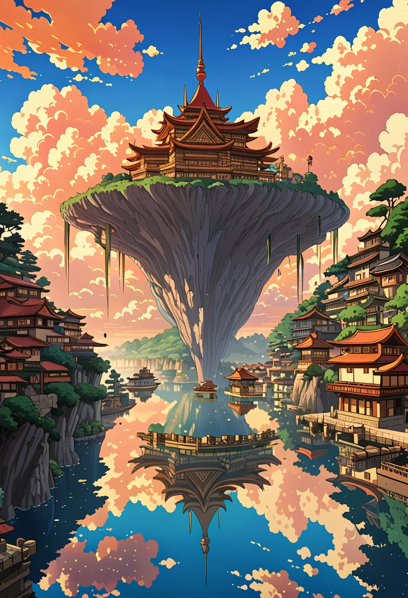 ((only background)), ((anime:1.4,illustration)),(masterpiece, top quality, best quality),(ultra-detailed, absolutely resolution),((16k, high res)).(reflect), BREAK {(anime movie by Studio Ghibli Style: 1.5)} BREAK {dfantastical upside-down city. The city should appear as if it is hanging from the sky, with buildings, streets, and bridges all inverted. The architecture should blend modern and futuristic styles, featuring intricate details, vibrant colors, and a mix of geometric and organic shapes. The buildings should include spires, towers, and illuminated windows. The sky above the city should be filled with stars and swirling clouds, creating a surreal and dreamlike atmosphere. Below the inverted city, depict a calm, clear body of water reflecting the cityscape, enhancing the mirror effect. Include subtle elements such as distant planets or moons in the sky} BREAK { (produces images with information than 40 million pixels with cinematic-like detailed textures shot on a Sony SLR).} BREAK {(((cinematic look))), soothing tones, insane details, intricate details, hyperdetailed, low contrast, exposure blend, hdr, beautiful blue image, (hi contrast),Sony SLR.}
