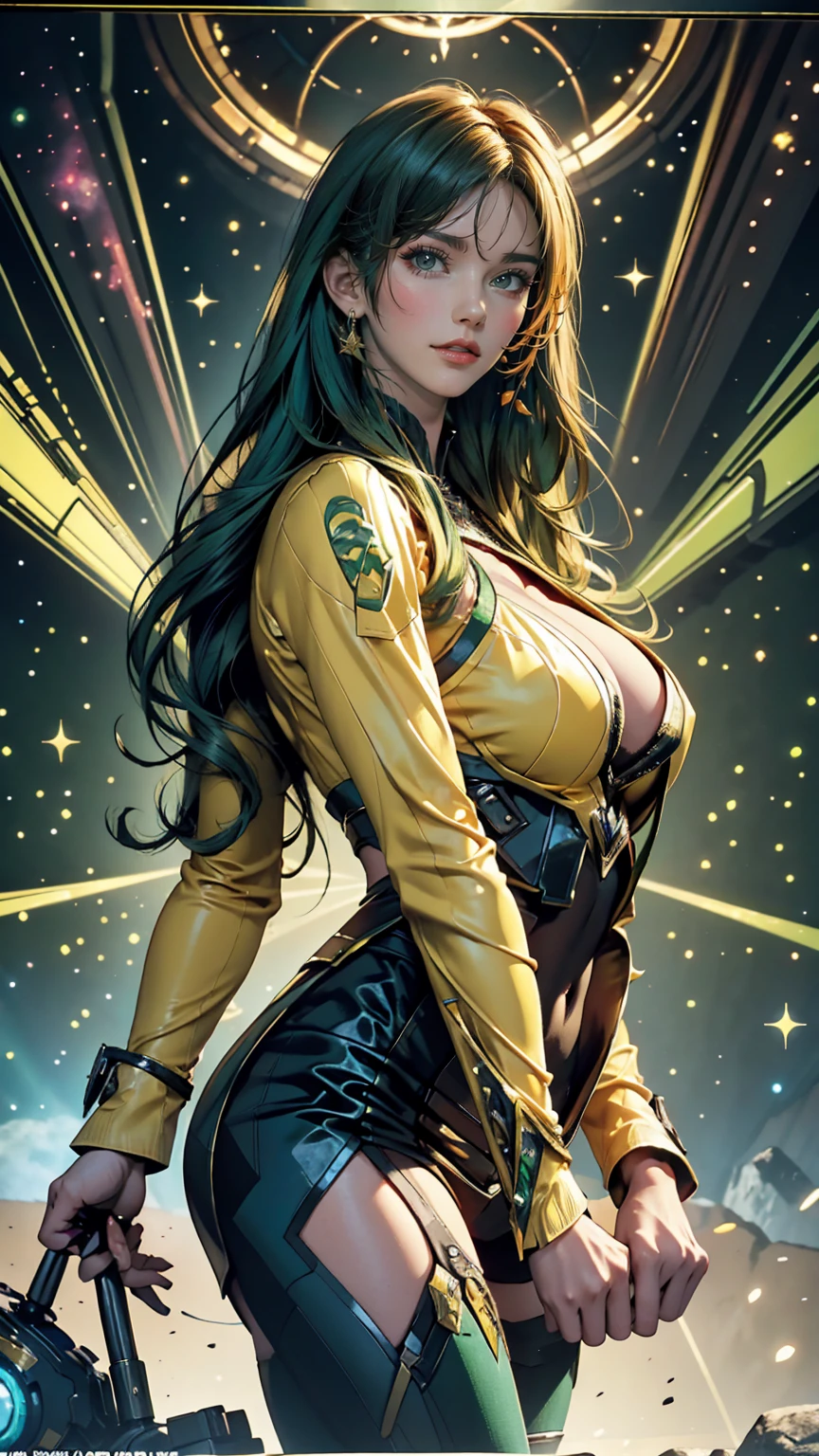 Beautiful nude woman with massive breasts. The breasts are not covered by anything. Face is very beautiful and with correct eyes, nose, lips. women wearing only very tight leather shiny stockings with laces. Left breast is tied up by one long neon green shiny lace. Massive curly very long mix of neon red hair and neon green hair and neon blue hair. Red full thin lips, green eyes, happy Smiles. Full body view. In background mix of alien planets and spiral galaxy.