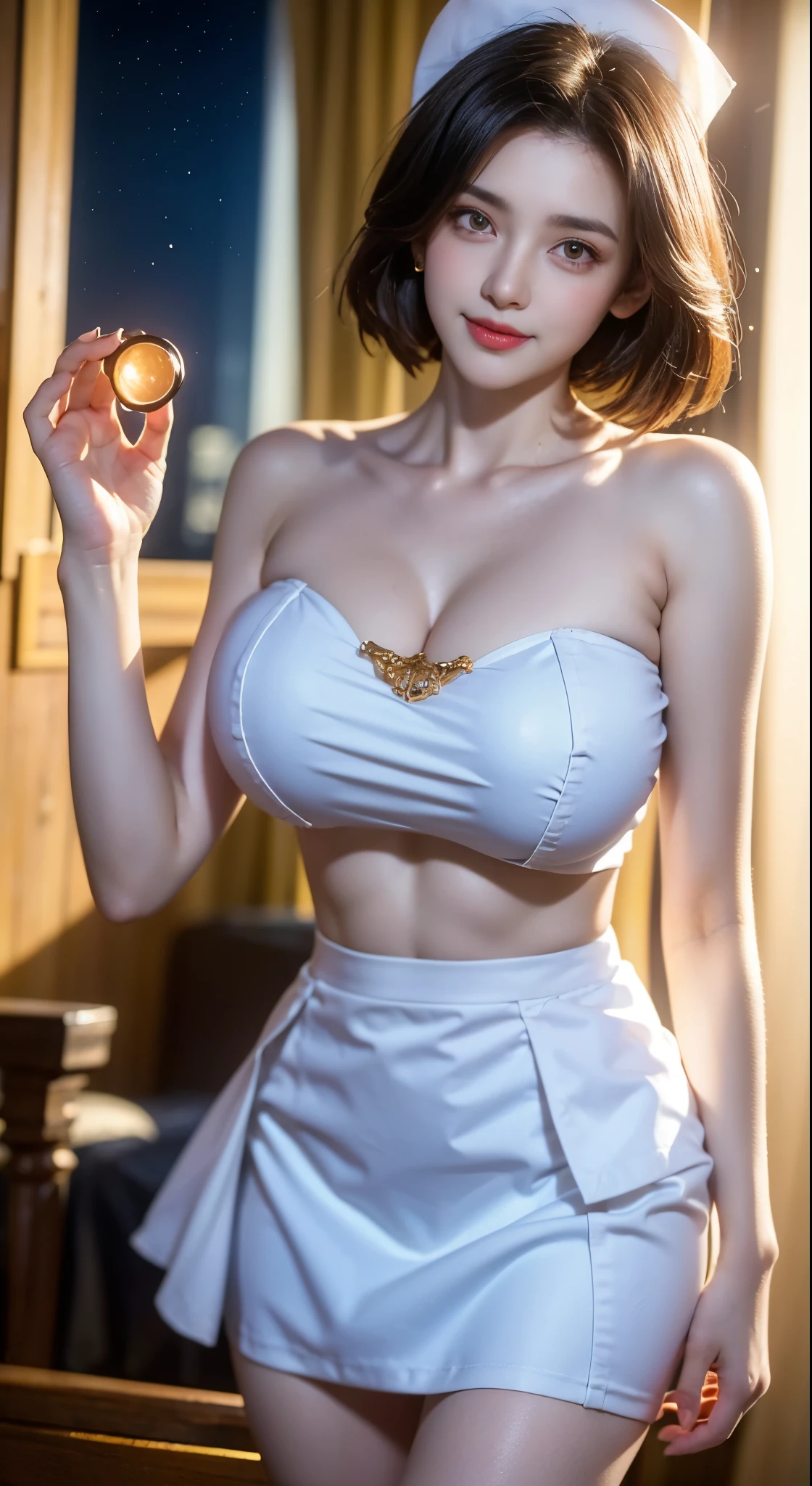 tachibana,nurse, ((Bare shoulders)), ((Full breasts)), ((Very big breasts)), ((The skirt is very short)), ((Very beautiful legs)), ((Standing)), ((cowboy shot)), actual, Fashion Girl, red lips, Mature women, Exquisite makeup, big eyes, beautiful, (best quality, masterpiece:1.2), Super detailed, (actual:1.37), ((Random Scenes, Random shooting angle)), Young and energetic, Charming model, (Exquisite eyes, delicate lips), Show a bright smile, Create stunning girl images, warm color, Extremely saturated colors, Official Art, Extremely detailed CG, Unity 8k Wallpaper, (High Dynamic Range :1.4), (Movie atmosphere),(Soft colors), (Natural skin texture, ultra-actual, Soft Light, sharp),(Very detailed), night, moonlight, ((Correct Legs)), ((Anatomically correct))
