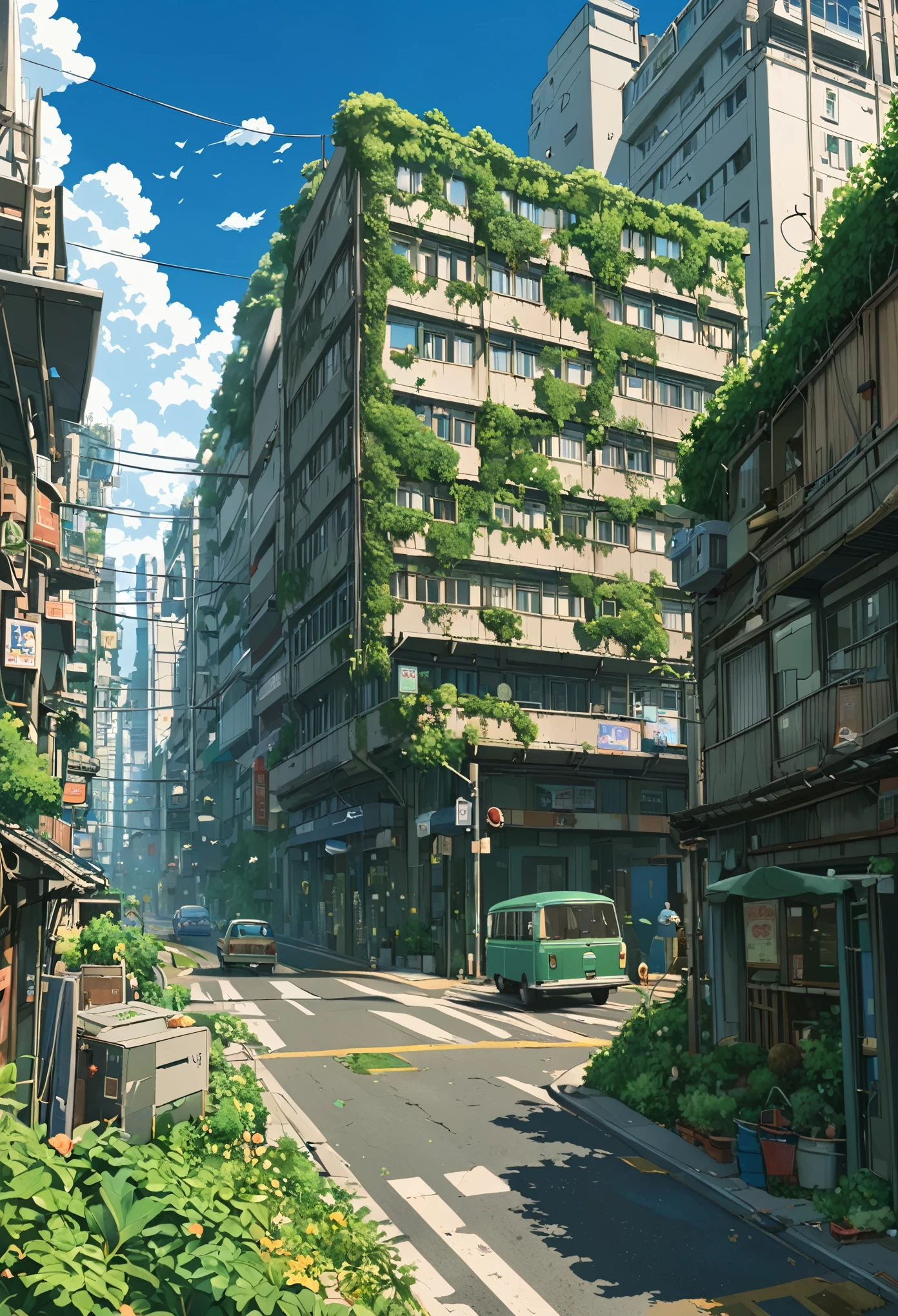 ((only background)), ((anime:1.4,illustration)),(masterpiece, top quality, best quality),(ultra-detailed, absolutely resolution),((16k, high res)).(reflect),
BREAK {(anime movie by Studio Ghibli Style: 1.5)}
BREAK {detailed illustration of a post-apocalyptic Shibuya Scramble Crossing where humans are extinct. The scene should show the iconic intersection overgrown with lush vegetation. The buildings and billboards should be in a state of decay, covered in vines and moss. The once-bustling streets should now be peaceful and quiet, with nature reclaiming the urban landscape. Include various animals such as deer, birds, and small mammals roaming freely in the area. The water should be crystal clear, reflecting the surrounding greenery and remnants of the urban environment. The sky should be bright and clear, with natural light illuminating the scene to create a serene yet eerie atmosphere. The overall vibe should convey nature's triumph over human civilization, blending the decaying urban structures with thriving wildlife and plant life}
BREAK { (produces images with information than 40 million pixels with cinematic-like detailed textures shot on a Sony SLR).}
BREAK {(((cinematic look))), soothing tones, insane details, intricate details, hyperdetailed, low contrast, exposure blend, hdr, beautiful blue image, (hi contrast),Sony SLR.}