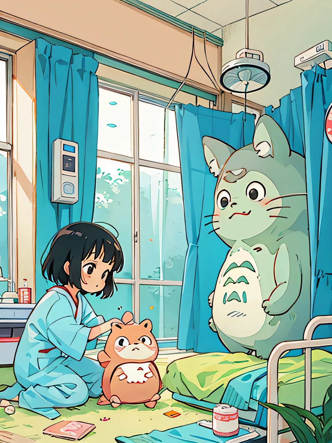 Hayao Mayazaki style, Kawaii Design, The most beautiful girl of all time、Chibi, playing with Totoro, hospital room