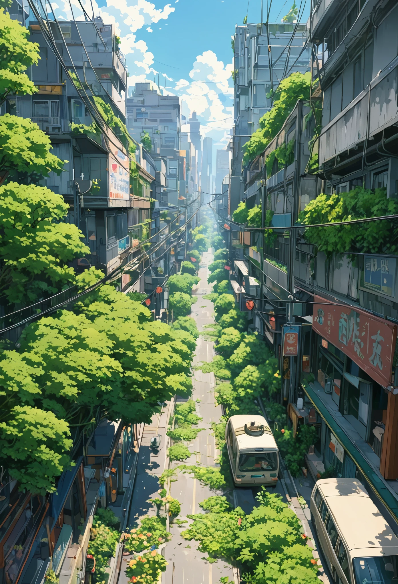 ((only background)), ((anime:1.4,illustration)),(masterpiece, top quality, best quality),(ultra-detailed, absolutely resolution),((16k, high res)).(reflect),
BREAK {(anime movie by Studio Ghibli Style: 1.5)}
BREAK {detailed illustration of a post-apocalyptic Shibuya Scramble Crossing where humans are extinct. The scene should show the iconic intersection overgrown with lush vegetation. The buildings and billboards should be in a state of decay, covered in vines and moss. The once-bustling streets should now be peaceful and quiet, with nature reclaiming the urban landscape. Include various animals such as deer, birds, and small mammals roaming freely in the area. The water should be crystal clear, reflecting the surrounding greenery and remnants of the urban environment. The sky should be bright and clear, with natural light illuminating the scene to create a serene yet eerie atmosphere. The overall vibe should convey nature's triumph over human civilization, blending the decaying urban structures with thriving wildlife and plant life}
BREAK { (produces images with information than 40 million pixels with cinematic-like detailed textures shot on a Sony SLR).}
BREAK {(((cinematic look))), soothing tones, insane details, intricate details, hyperdetailed, low contrast, exposure blend, hdr, beautiful blue image, (hi contrast),Sony SLR.}