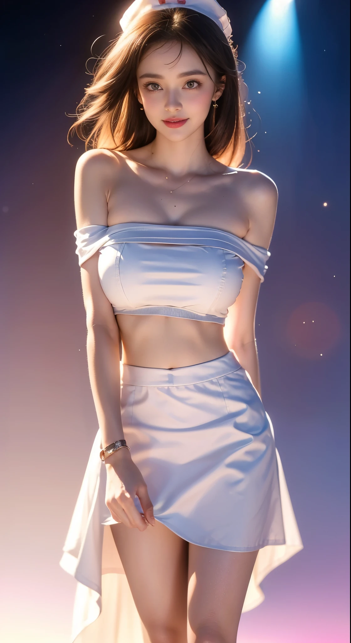 aquanurse, nurse cap ((Bare shoulders)), ((Full breasts)), ((Very big breasts)), ((The skirt is very short)), ((Very beautiful legs)), ((Standing)), ((cowboy shot)), actual, Fashion Girl, red lips, Mature women, Exquisite makeup, big eyes, beautiful, (best quality, masterpiece:1.2), Super detailed, (actual:1.37), ((Random Scenes, Random shooting angle)), Young and energetic, Charming model, (Exquisite eyes, delicate lips), Show a bright smile, Create stunning girl images, warm color, Extremely saturated colors, Official Art, Extremely detailed CG, Unity 8k Wallpaper, (High Dynamic Range :1.4), (Movie atmosphere),(Soft colors), (Natural skin texture, ultra-actual, Soft Light, sharp),(Very detailed), night, moonlight, ((Correct Legs)), ((Anatomically correct))