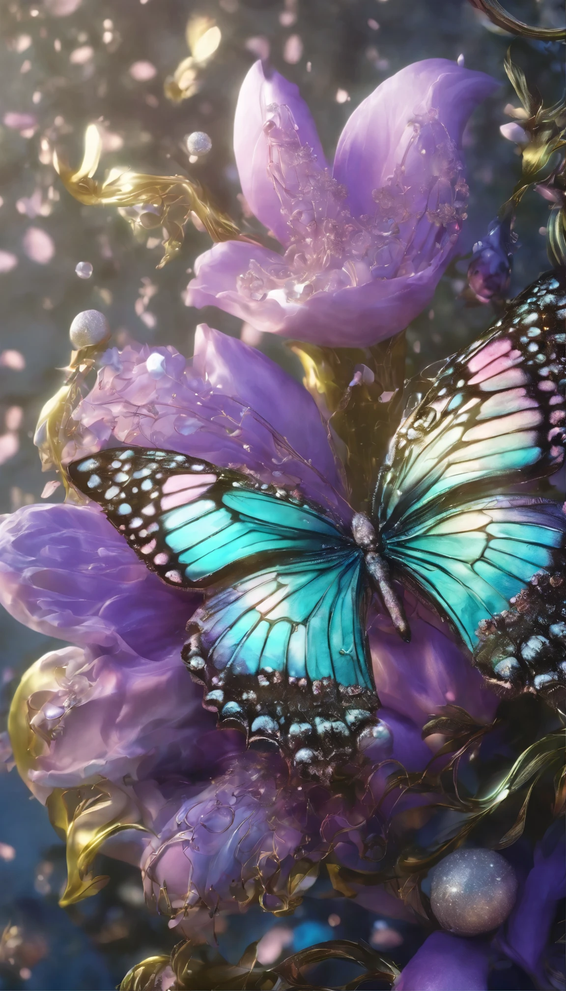The background is greenblue,moon light,All expressed with jewels, the arrival of spring, various beautiful flower
, Beautiful purple swallowtail butterfly,angles looking up from below, various jewels falling from the sky, wonderful and beautiful superb view, slightly hazy, fantastic, high resolution, 8K, (best quality, highres, realistic:1.37), shiny metallic flowers, intricate and delicate petals, reflective surfaces, vibrant colors, intricate details, close-up view, surreal garden, surreal beauty, dreamy atmosphere, fine art, abstract botanicals, metallic sculpture, contrasting textures, ethereal glow