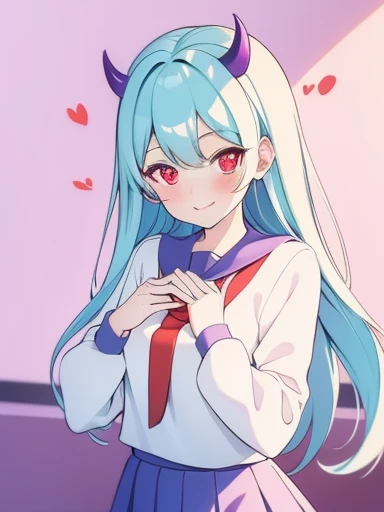 masterpiece，best quality，1 girl，Red Eyes，cyan hair，Banya，end，Purple corners smooth，White school uniform，Smile，heart gesture