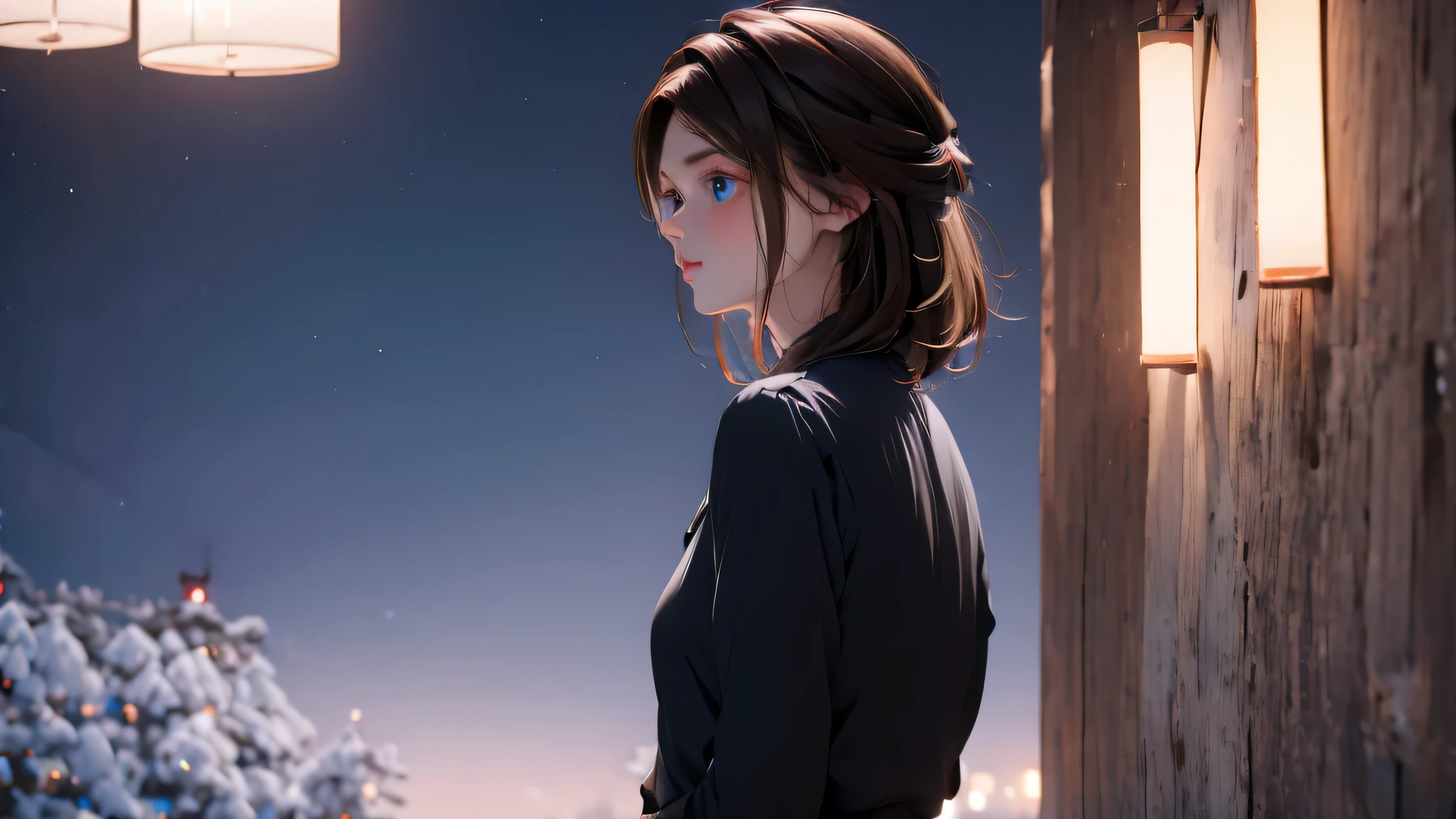 1 girl, medium light brown hair, light blue eyes, wearing black suit, night city, absurdres, high res, ultrasharp, 8K, masterpiece, looking from behind