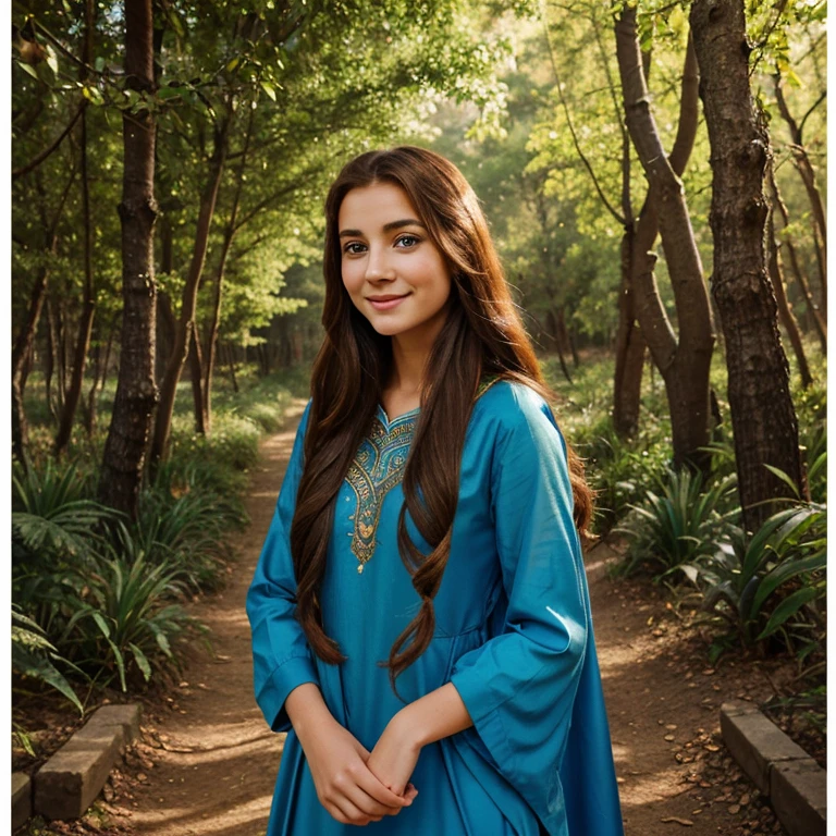 draw a poster of an image of a young woman looking at the camera . she smiles . she has an apple in her hands . she has red long hair. her clothes are Arabic style. she stands against the backdrop of a forest fairy-tale landscape . she has blue eyes