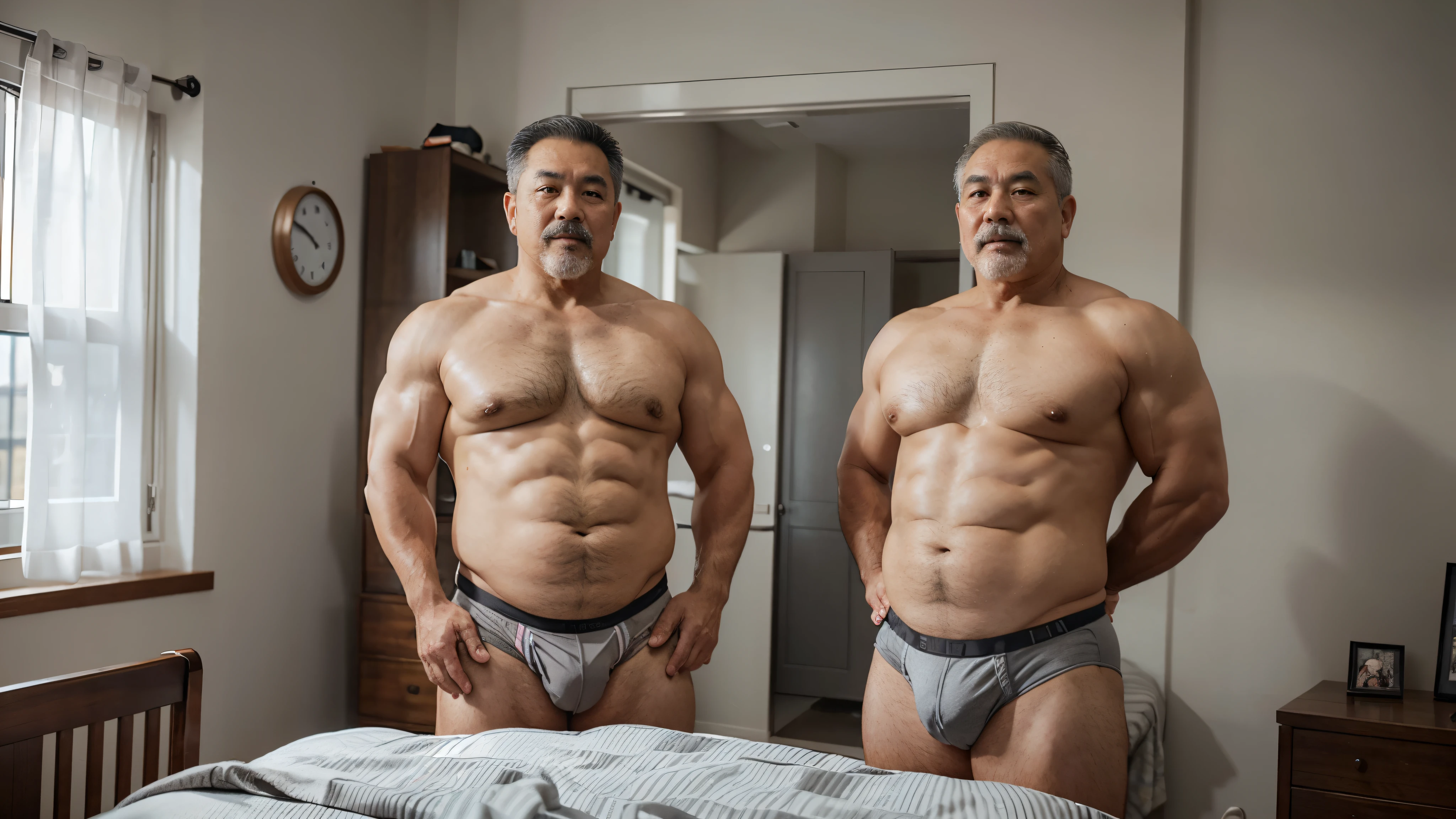 2 Vietnamese grandfathers with gray hair, old man face, a thick gray mustaches, a short gray chin beard, bear body, wearing a massive bulging gray jockstraps stand in the bedroom, have belly, big muscular chest, a sexy pose, show underwear.
