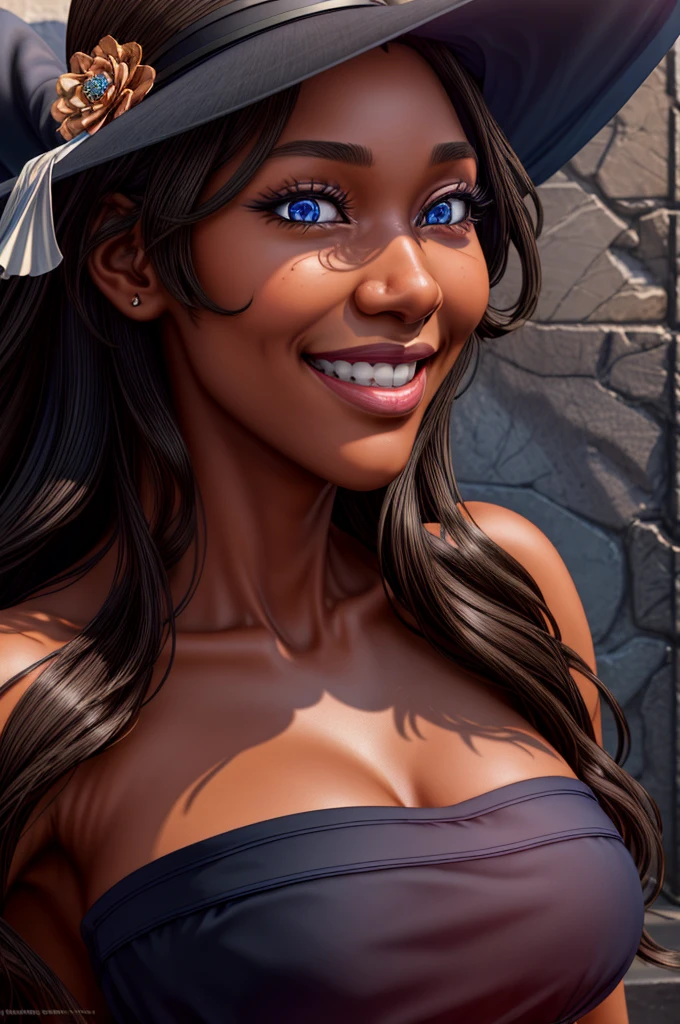 best quality, masterpiece, 1girl, (solo:1.1), raytracing, ultra detailed,detailed face, 8k wallpaper, wide hips,  smile, Viola_NDV, 1girl, black hair, large breasts, long hair, blue eyes, witch hat, black dress, dark skin, bare shoulders,  