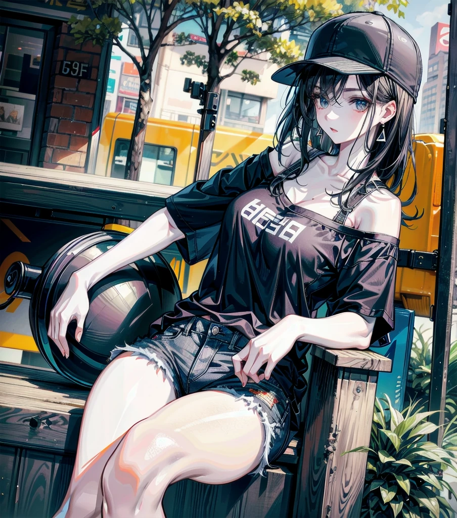 pale skin, 20 years old, detailed beautiful face, detailed beautiful face eyes, tearful mole, earring, medium hair, black hair, big tits, whole body shot, shorts, t-shirt, off-shoulder, baseball cap, outdoor,
