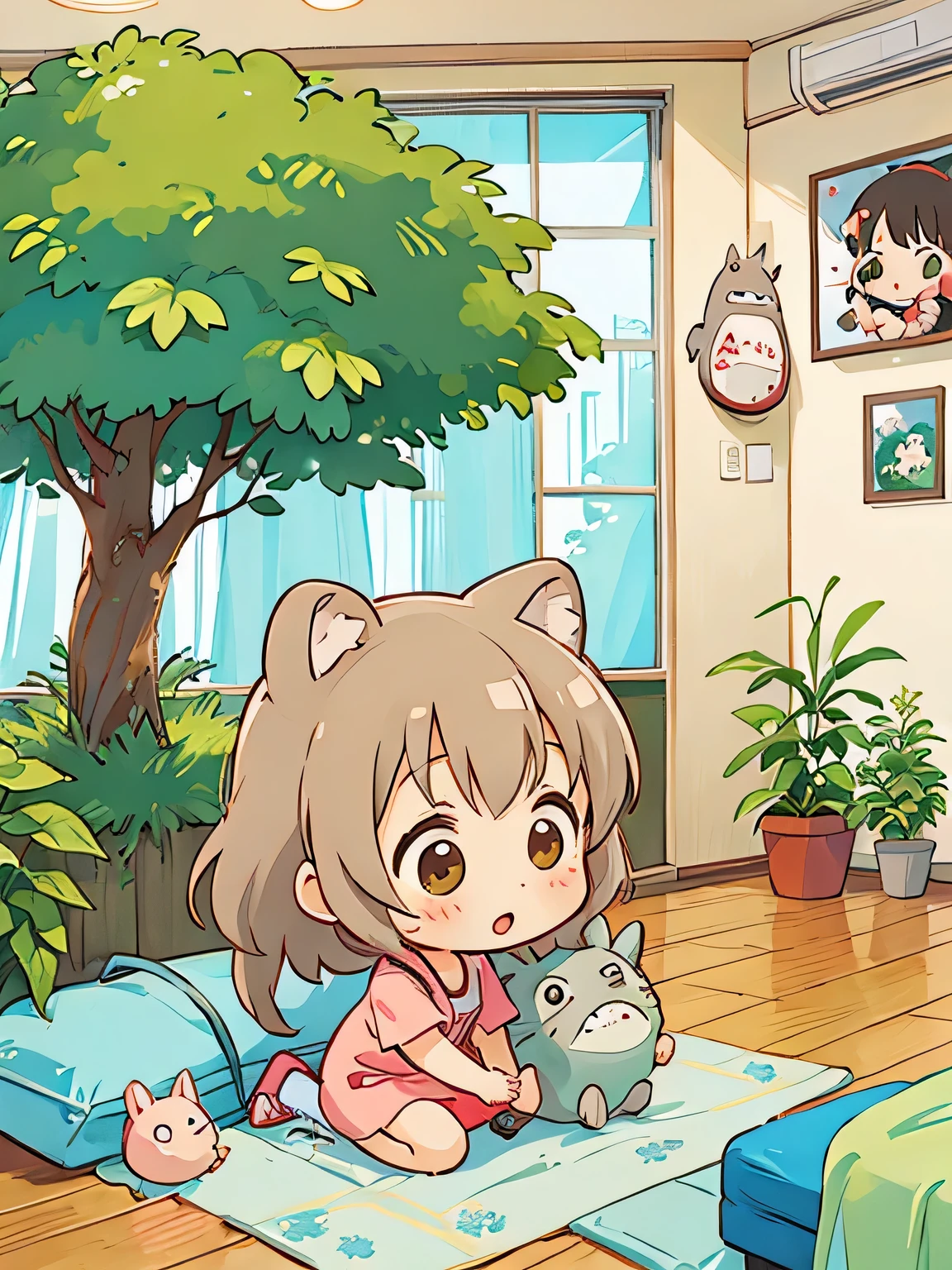Hayao Mayazaki style, Kawaii Design, The most beautiful girl of all time、Chibi, playing with Totoro, hospital room