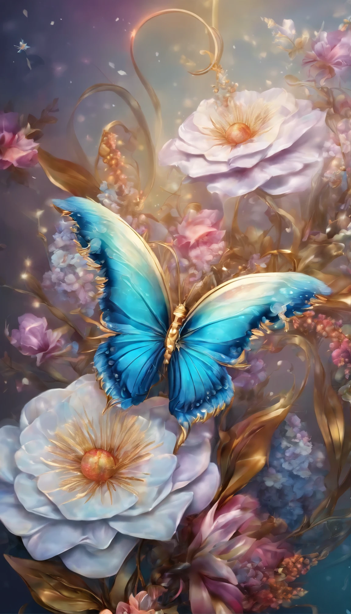 The background is greenblue,moon light,All expressed with jewels, the arrival of spring, various beautiful flower
, Beautiful Rainbow-colored feathers swallowtail butterfly,angles looking up from below, various jewels falling from the sky, wonderful and beautiful superb view, slightly hazy, fantastic, high resolution, 8K, (best quality, highres, realistic:1.37), shiny metallic flowers, intricate and delicate petals, reflective surfaces, vibrant colors, intricate details, close-up view, surreal garden, surreal beauty, dreamy atmosphere, fine art, abstract botanicals, metallic sculpture, contrasting textures, ethereal glow