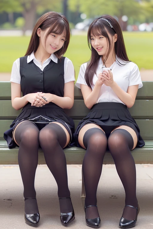 (Two women sitting on a park bench、company employee、OL,Japanese、young woman、27 years old:1.3),Eating a boxed lunch、(The woman on the left is wearing black tights.,Lightweight tights、Wearing a skirt、20 denier、Sitting with legs crossed、Long legs、Beautiful legs:1.3),(The woman on the right has bare legs.、Not wearing tights、Panty shot、Wearing a skirt、With legs apart、Panties are visible:1.7),smile、smile、(Nurse uniform),Wearing a dress、(Anatomically correct:1.3)