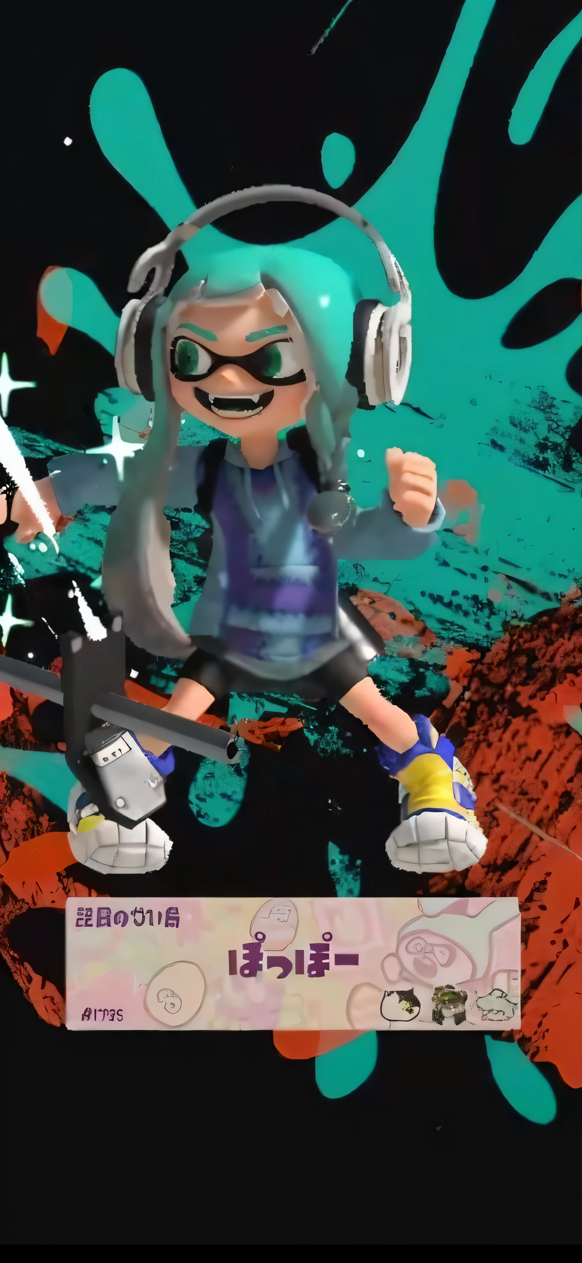 a close up of a toy figure with headphones on, with splatoon style, splatoon 3, splatoon, arms akimbo pose, attack pose, squids, splatter, female protagonist 👀 :8, squid, ultra mega detailed, official art, most strongest pose, squid attack, fight pose, 4 k octan render, inspired by Awataguchi Takamitsu