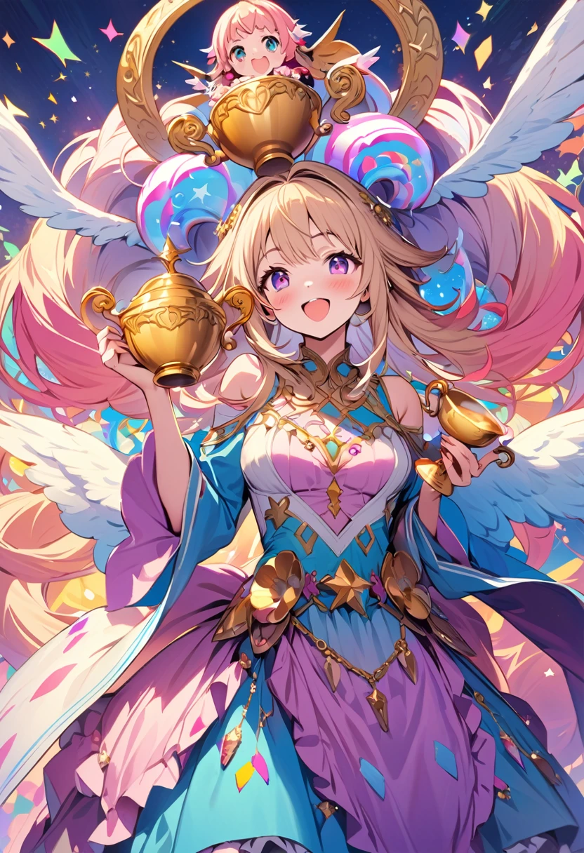 (best quality, masterpiece, ultra highres, ultra-detailed:1.2),A cute anime-style illustration of the Whore of Babylon from the Book of Revelation. She has a friendly and cheerful expression, with bright, colorful clothing and a playful pose. (Include her iconic attributes such as the golden cup and riding a seven-headed beast), but render them in a whimsical and non-threatening way. The background should be vibrant and fantastical, matching the overall cute and lighthearted theme.