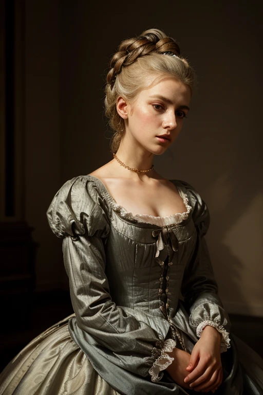 1girl, Marie Antoinette, elegant dress, beautiful detailed face, longeyelashes, pensive expression, about to be guillotined, dramatic lighting, cinematic composition, muted color palette, Renaissance art style, chiaroscuro, dramatic shadows, hyper-realistic, intricate details, 8k, best quality, masterpiece