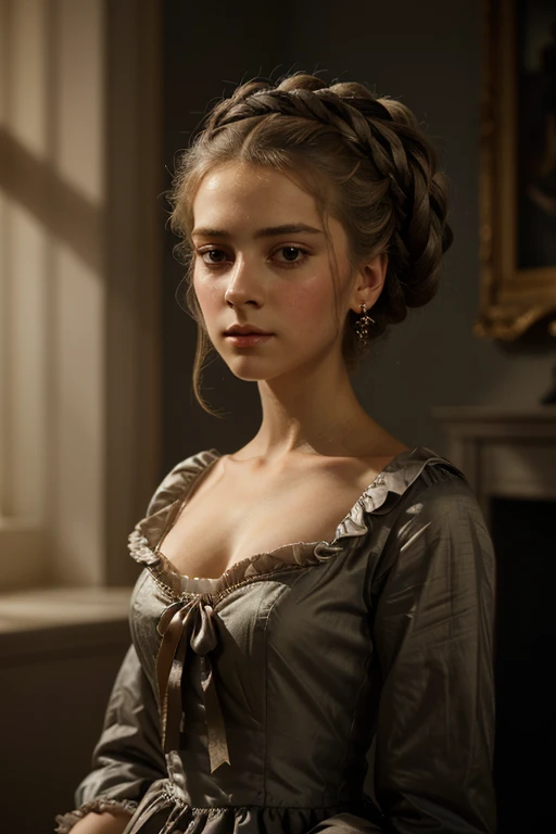 1girl, Marie Antoinette, elegant dress, beautiful detailed face, longeyelashes, pensive expression, about to be guillotined, dramatic lighting, cinematic composition, muted color palette, Renaissance art style, chiaroscuro, dramatic shadows, hyper-realistic, intricate details, 8k, best quality, masterpiece