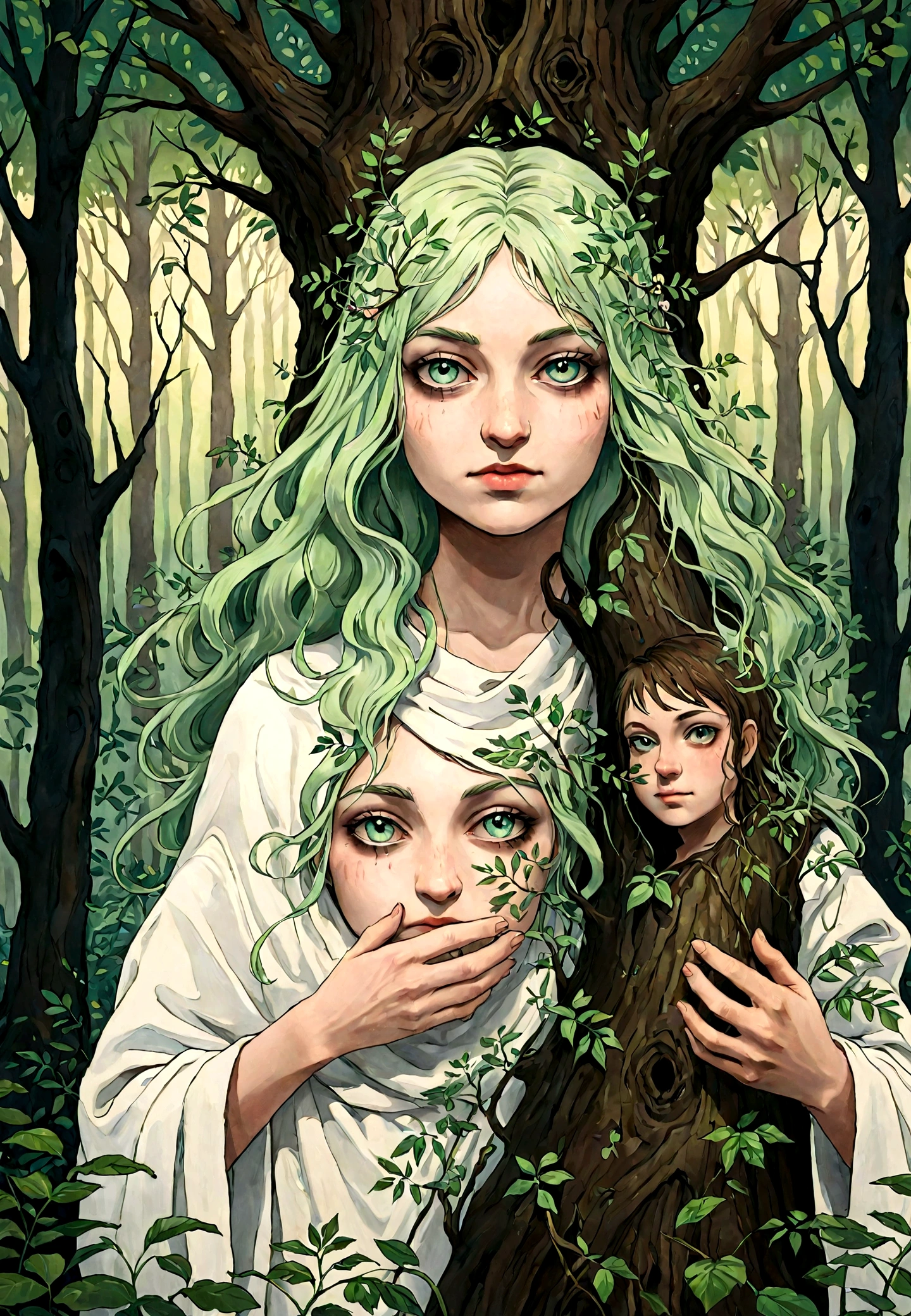 Tree spirits, forest guardians, middle-aged people,