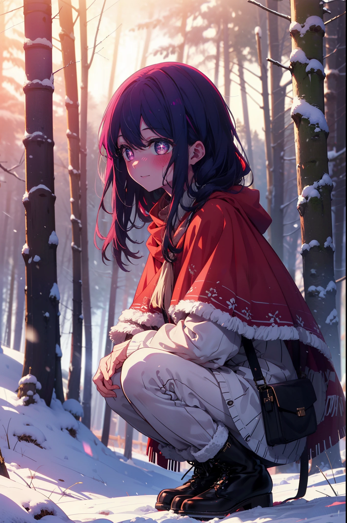 aihoshino, Ai Hoshino, Long Hair, bangs, (Purple eyes:1.1), Purple Hair, (Symbol-shaped pupil:1.5), smile,,smile,blush,White Breath,
Open your mouth,snow,Ground bonfire, Outdoor, boots, snowing, From the side, wood, suitcase, Cape, Blurred, , forest, White handbag, nature,  Squat, Mouth closed, Cape, winter, Written boundary depth, Black shoes, red Cape break looking at viewer, Upper Body, whole body, break Outdoor, forest, nature, break (masterpiece:1.2), highest quality, High resolution, unity 8k wallpaper, (shape:0.8), (Beautiful and beautiful eyes:1.6), Highly detailed face, Perfect lighting, Extremely detailed CG, (Perfect hands, Perfect Anatomy),