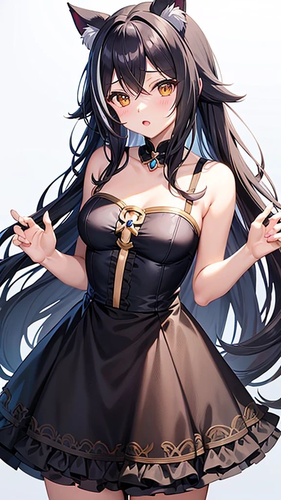 Anime characters　Princess Connect!　Cal　Cat ear　Small breasts　 Girl　Black hair Long wavy hair　Twin tails　The color of the right bangs is white　