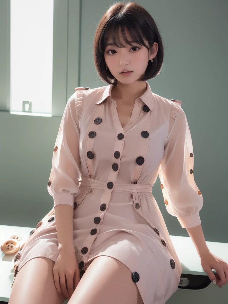 (8k, Photorealistic, Raw photo, Highest quality: 1.4),Japanese idol-style beautiful girl,1 person,,Hairstyle(Short Bob,Black :1.4),She has her hair tucked behind her ears,Large, clear grey eyes,Long eyelashes,Plump Cheeks,Thin and delicate shoulders,(bra(Pink)Wearing),thin abdomen,(She is wearing a plain white short-sleeved blouse(All the buttons on the front of the dress are undone and it is completely open. :2.1)),(Bra and navel are visible),(Pleated skirt(Plaid)Wearing),School classroom,(Sitting on a desk with knees bent and legs wide apart :2.0)),(View from below),Full body portrait