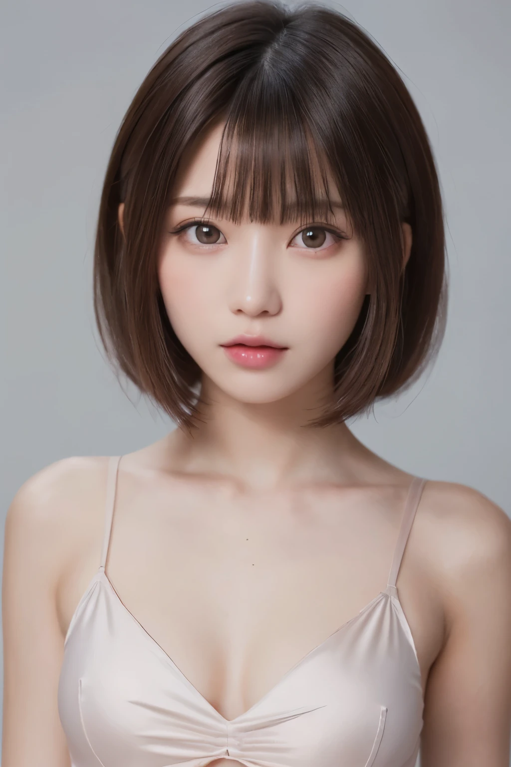 Tabletop, highest quality, No underwear:1.6、Wearing a satin camisole:1.6、Emphasize the chest、Nipples Close Up、Wearing pink make-up:1.4、One Girl, 40-year-old woman:1.4、(beautiful girl, Delicate girl:1.3), (:1.3), Definition of very fine particles, (Symmetrical eyes:1.3), Gray solid background, ( Thin clothing worn in summer:1.2), Flat Chest, Brown eyes, Parted bangs, Brown Hair, Upper teeth, (Eye and facial details:1.0), (RAW Photos, Film Grain, chromatic aberration), (Bokeh: 1.1),,Sheer,Wet,