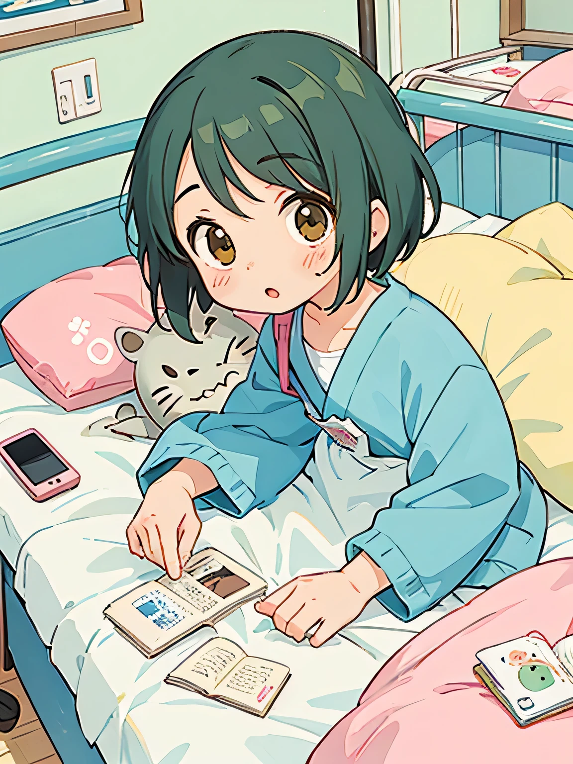 Hayao Mayazaki style, Kawaii Design, The most beautiful girl of all time、Chibi, play with smartphone, totoro, hospital bed