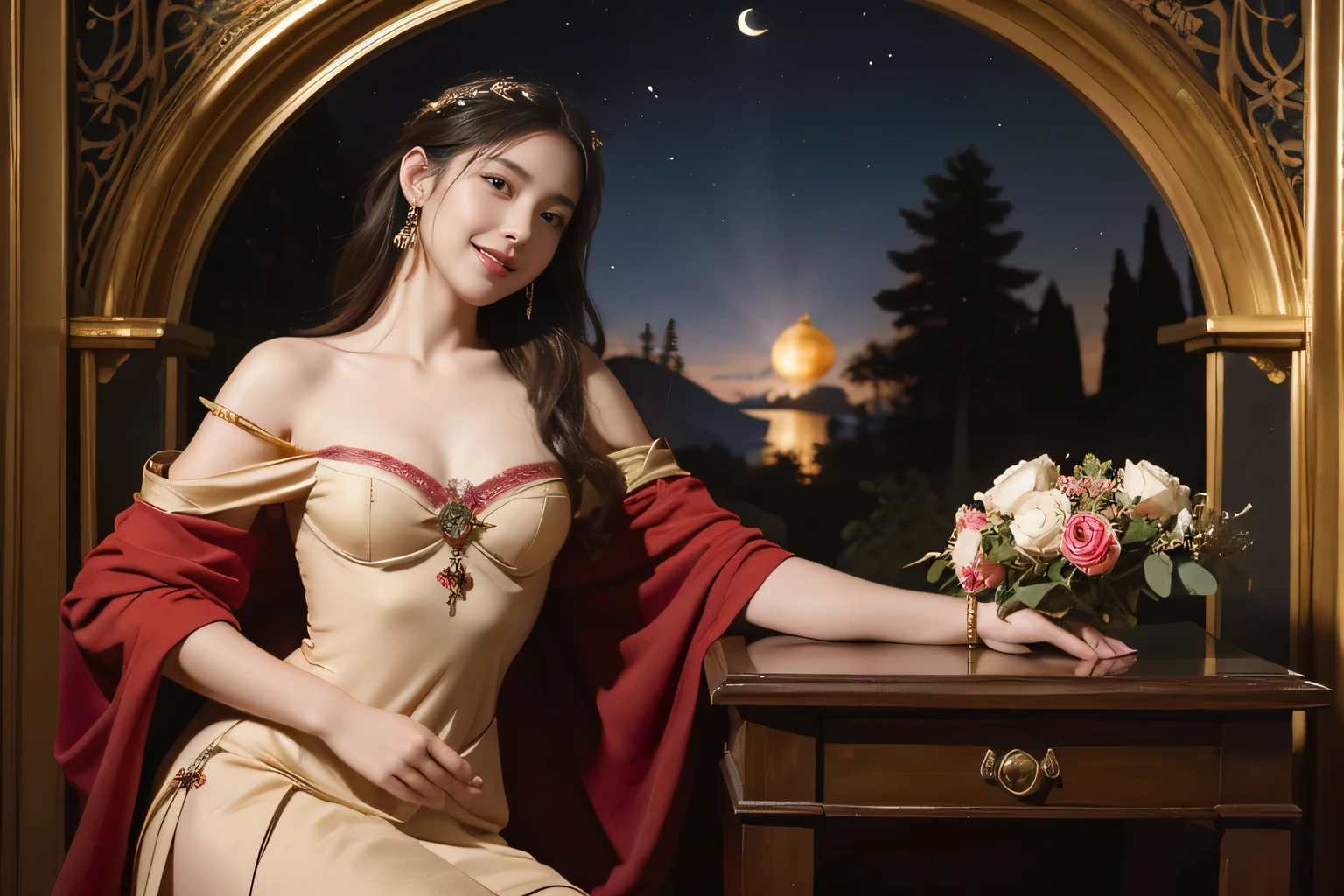 Giorgione painting style,Arguments of two female Philosophe,math、astronomical machine、astronaut、roses in vase、fruits、Cute trinkets、smile、ancient greek costume、Background is a forest lake at night 、Clothes that stretch your shoulders、A big smile、beautiful bare skin、A detailed representation of the seducing woman throughout her body.