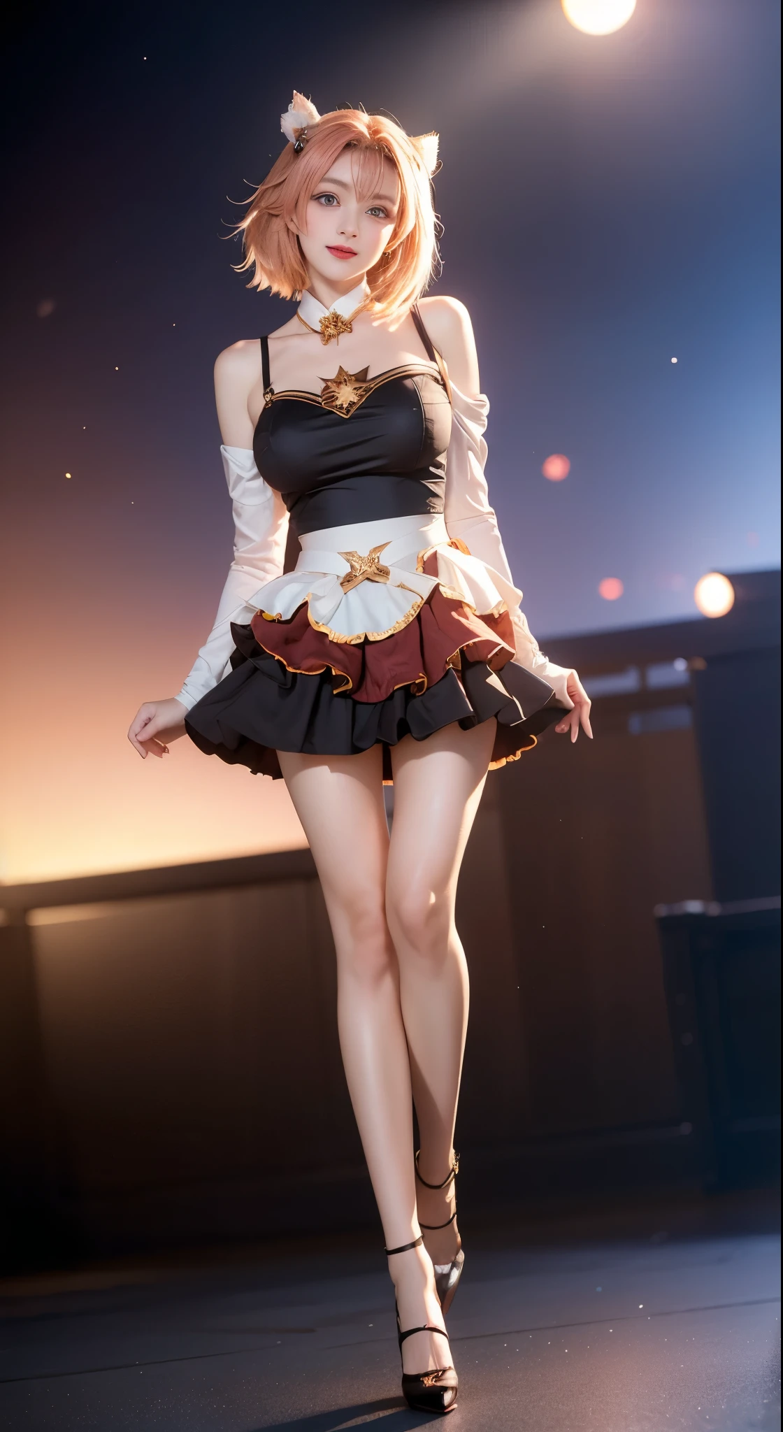 astolfo_md, ((Bare shoulders)), ((Full breasts)), ((Very big breasts)), ((The skirt is very short)), ((Very beautiful legs)), ((Standing)), ((cowboy shot)), actual, Fashion Girl, red lips, Mature women, Exquisite makeup, big eyes, beautiful, (best quality, masterpiece:1.2), Super detailed, (actual:1.37), ((Random Scenes, Random shooting angle)), Young and energetic, Charming model, (Exquisite eyes, delicate lips), Show a bright smile, Create stunning girl images, warm color, Extremely saturated colors, Official Art, Extremely detailed CG, Unity 8k Wallpaper, (High Dynamic Range :1.4), (Movie atmosphere),(Soft colors), (Natural skin texture, ultra-actual, Soft Light, sharp),(Very detailed), night, moonlight, ((Correct Legs)), ((Anatomically correct))